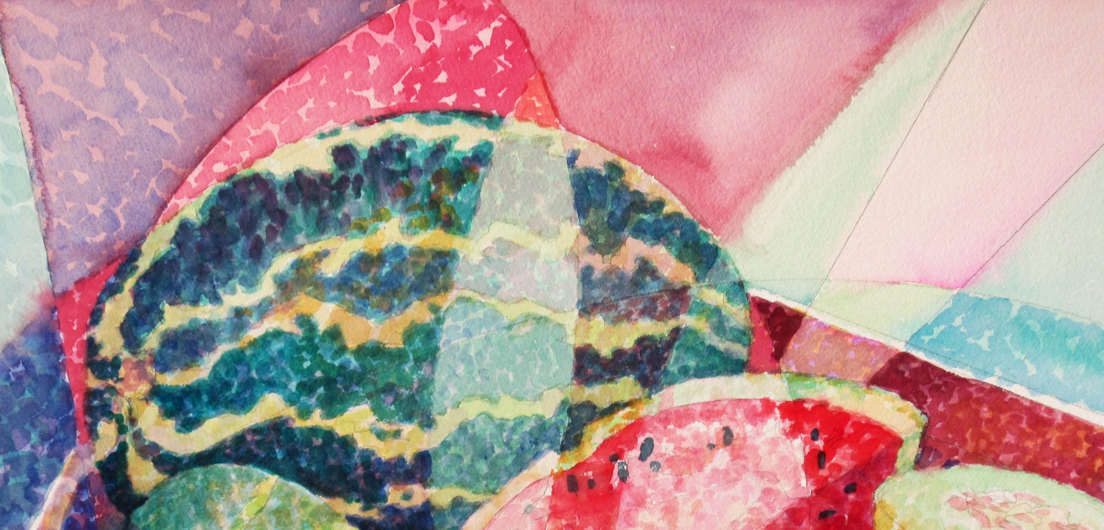Stillleben mit Aquarellfarben und Cantaloupen – Art von Charlotte Huntley