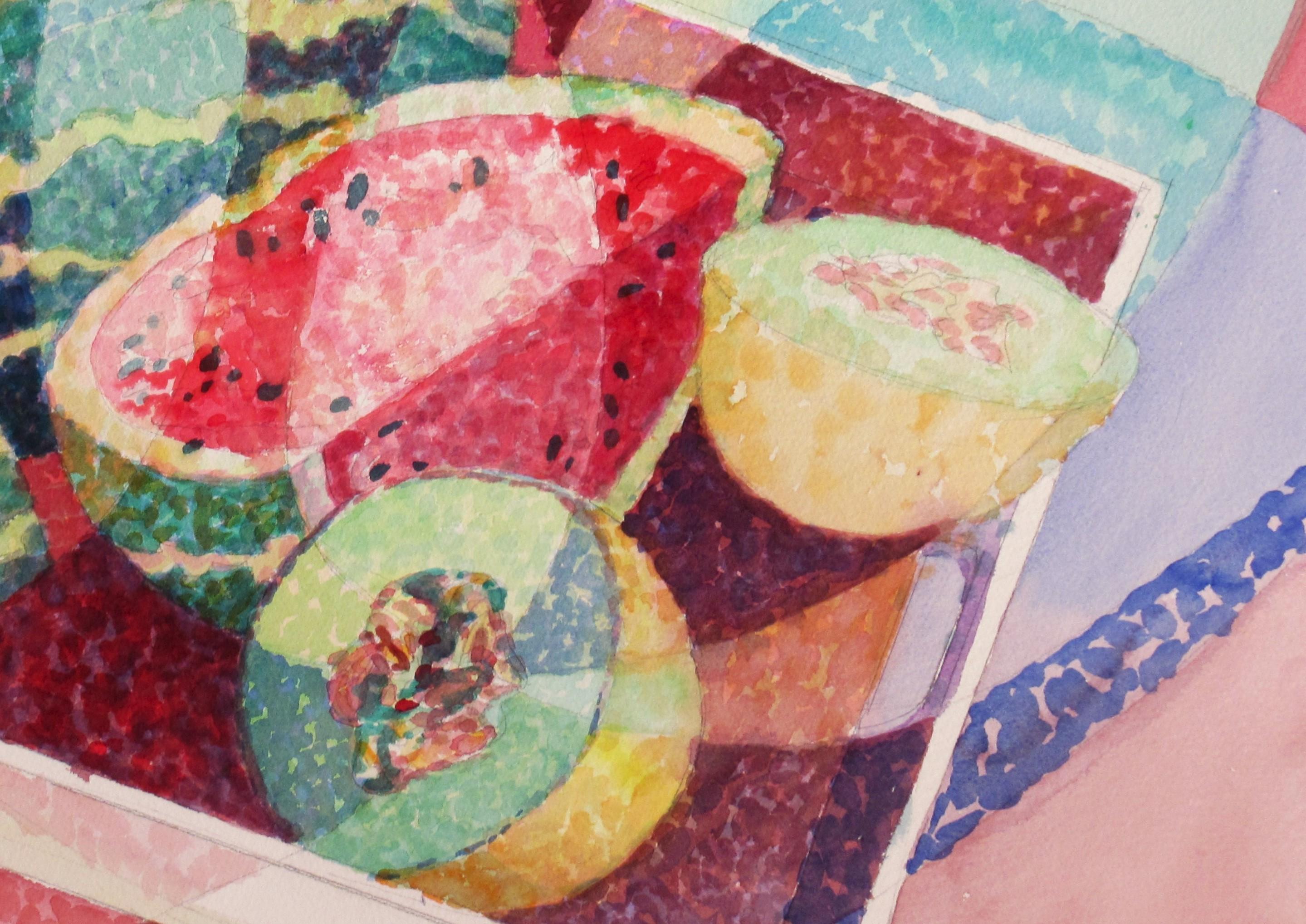 Nature morte avec watermelons et Cantaloupes - Impressionnisme américain Art par Charlotte Huntley
