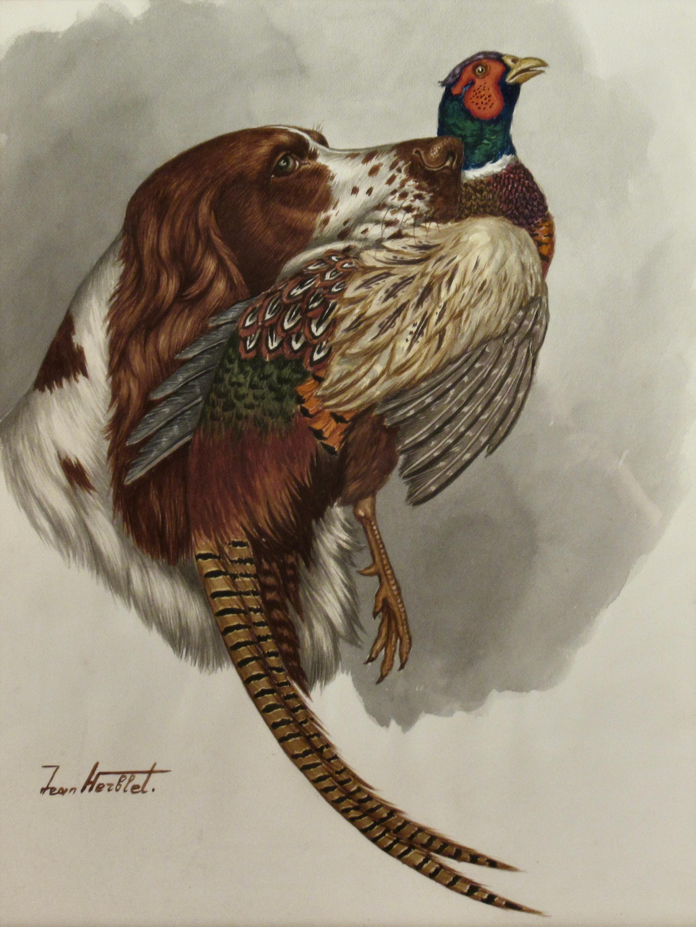 Brittany Spaniel with Pheasant - Art by Jean Herblet