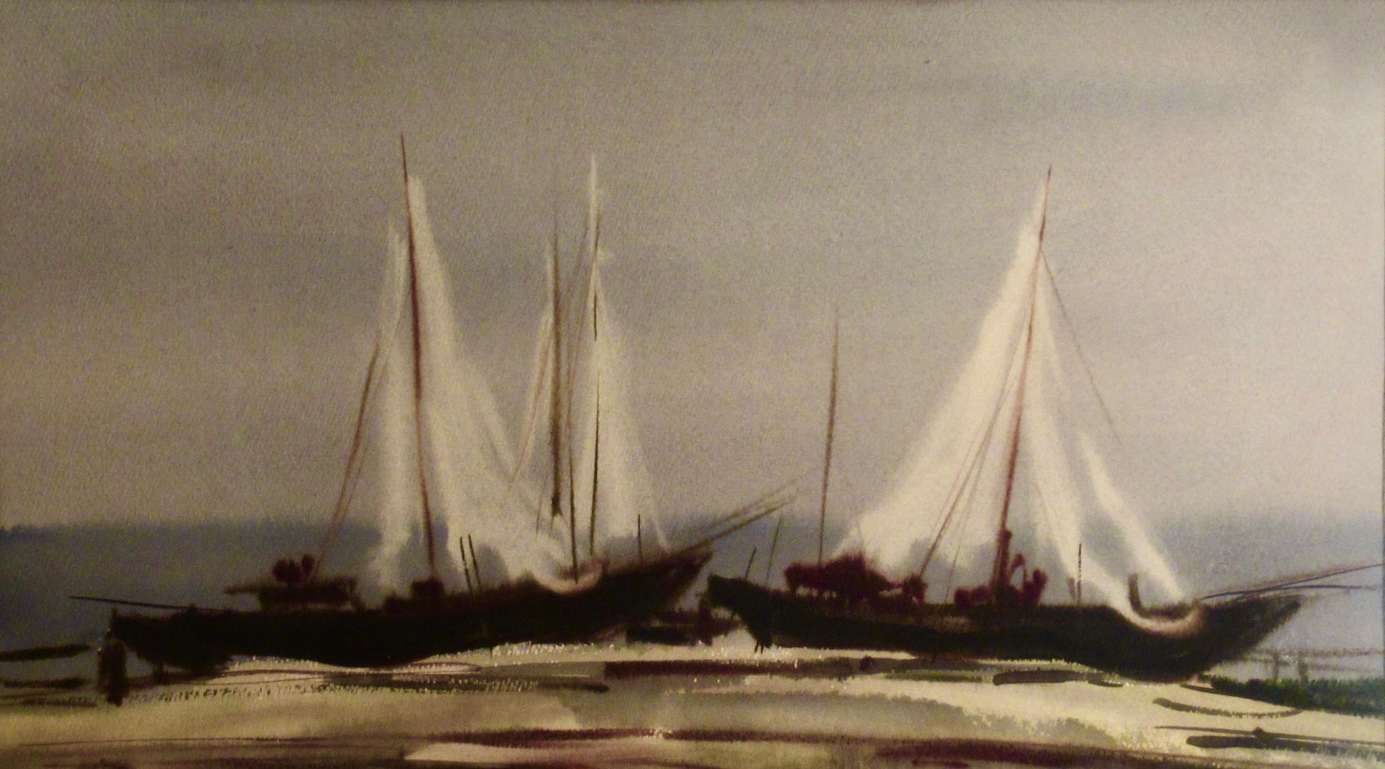Bord de mer avec bateaux - Impressionnisme Art par Paul Duskins