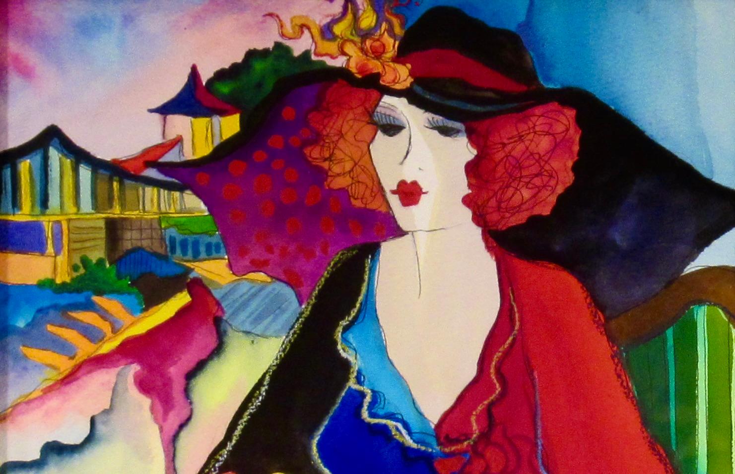 Woman with Cityscape - Black Figurative Art by Patricia Govezensky