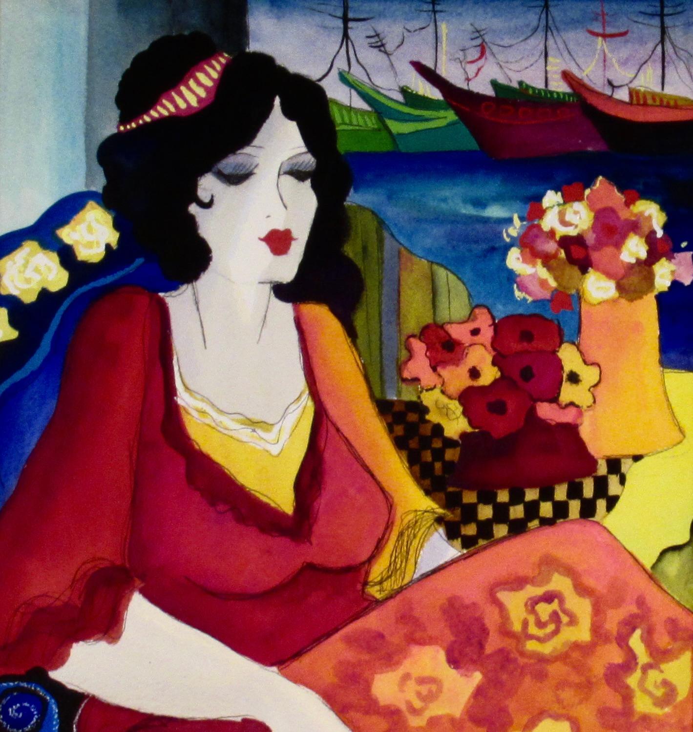 Woman with Harbor View II - Realist Art by Patricia Govezensky
