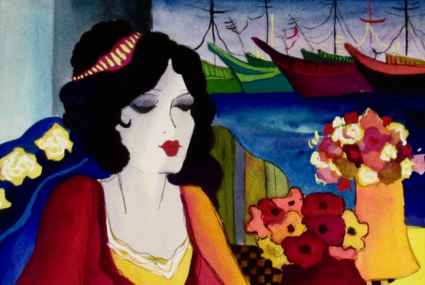 Woman with Harbor View II - Black Figurative Art by Patricia Govezensky