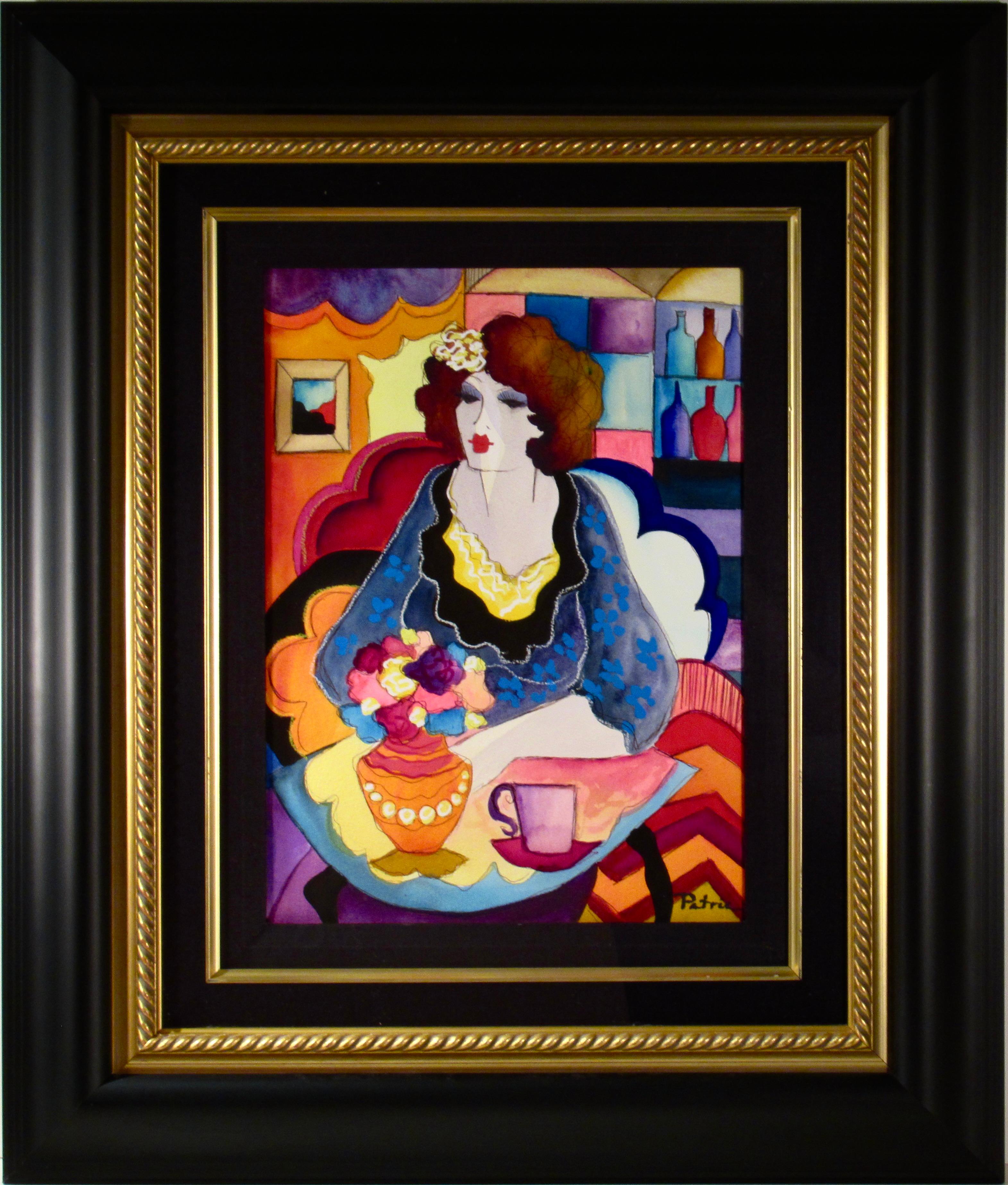 Woman Sitting with Coffee Cup and Flowers
