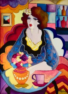 Femme assise avec une tasse à café et des fleurs
