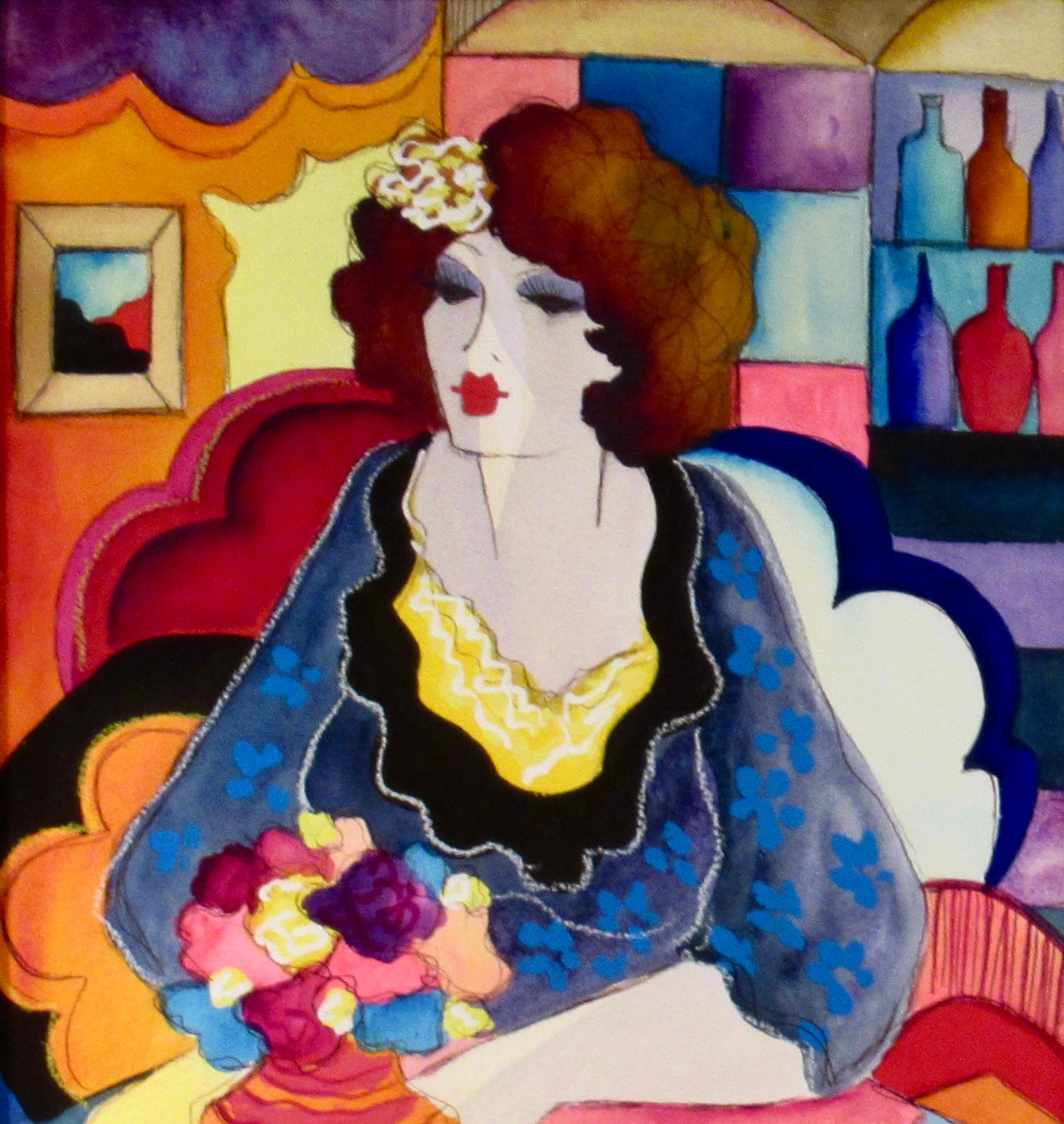 Woman Sitting with Coffee Cup and Flowers - Realist Art by Patricia Govezensky
