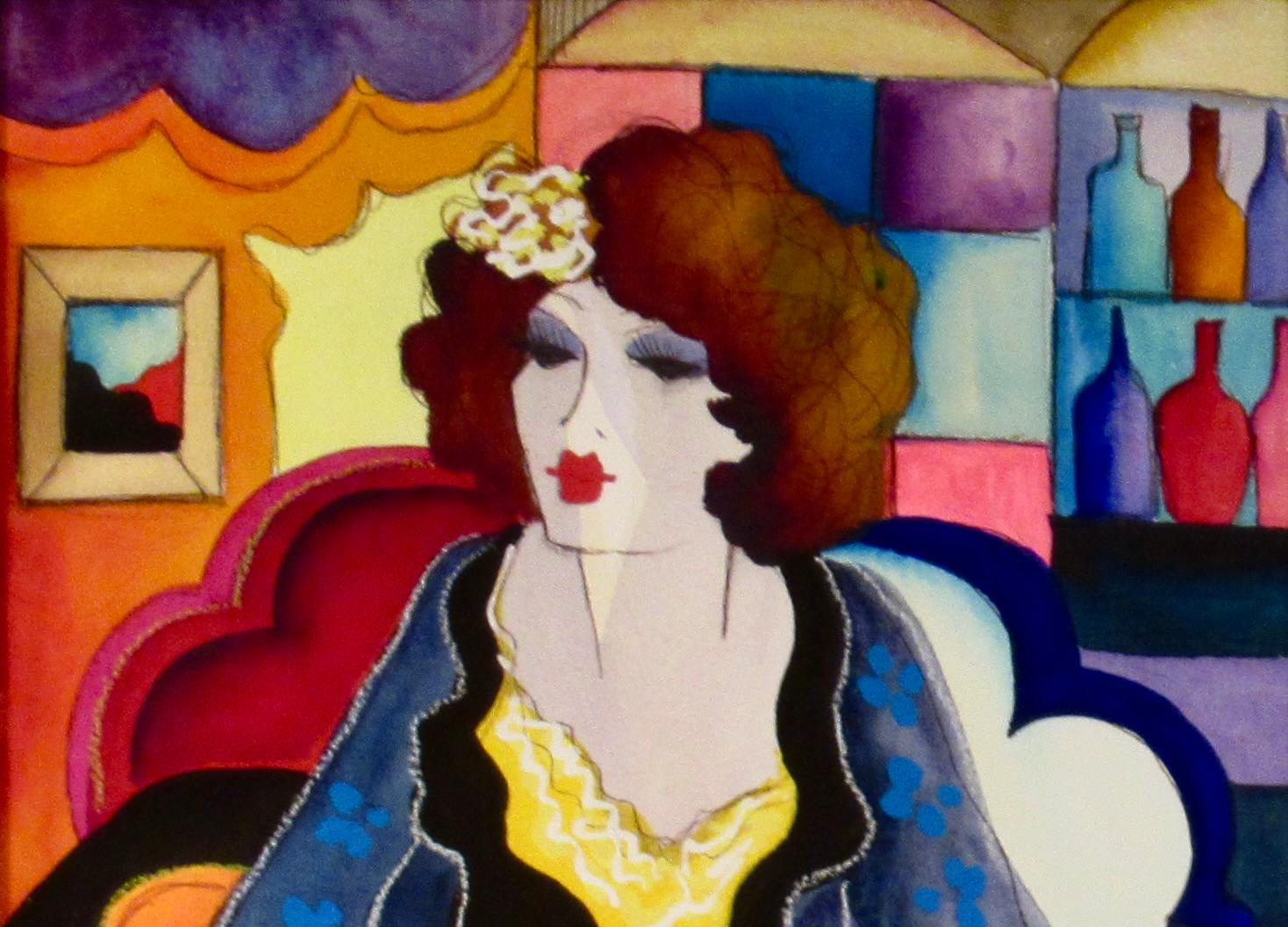 Woman Sitting with Coffee Cup and Flowers - Black Figurative Art by Patricia Govezensky