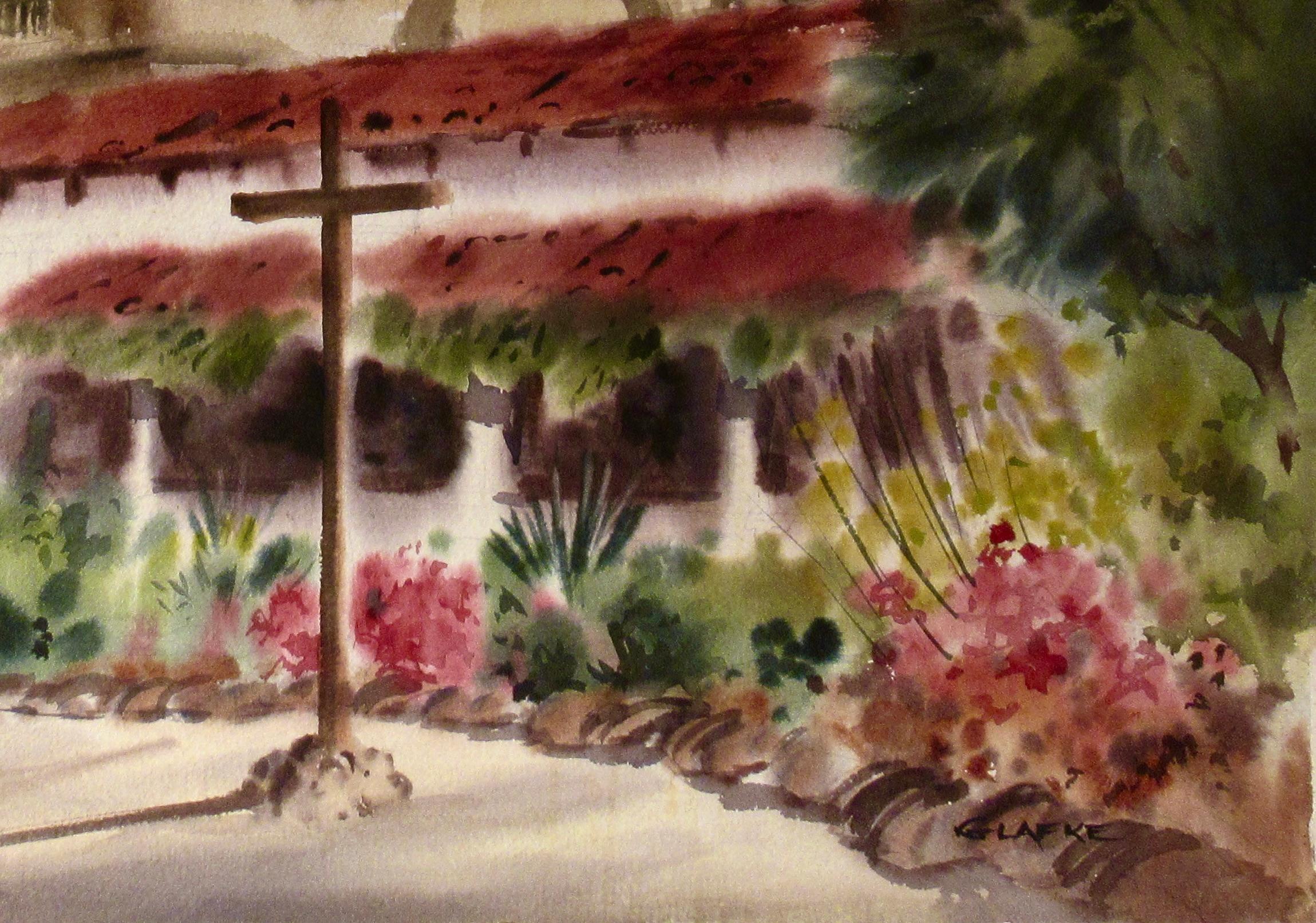 Mission San Carlos Borromeo de Carmelo, Carmel, California - Gray Figurative Art by Edward Glafke