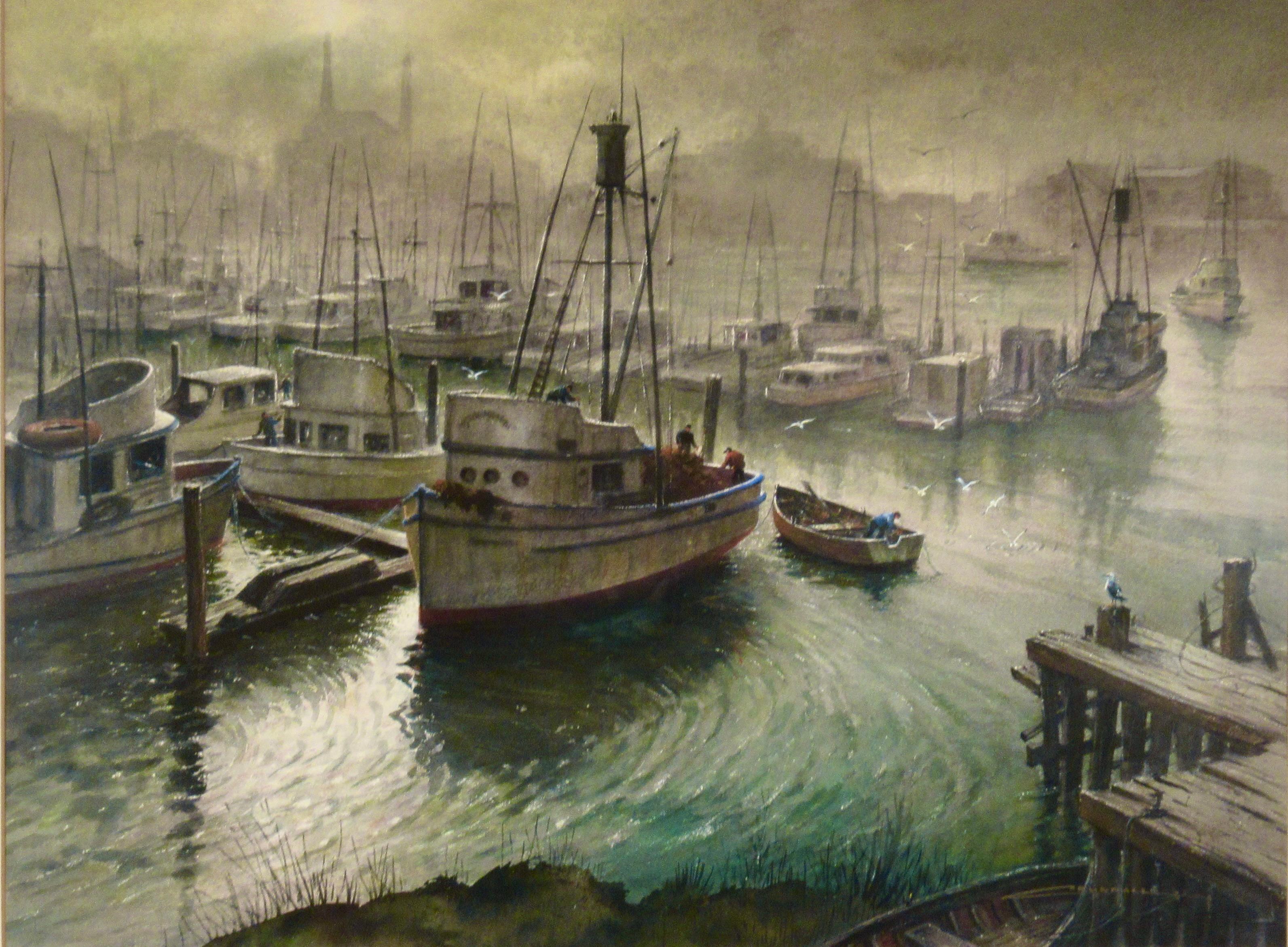 Fog de soirée, paysage de mousse, Californie - Art de Albert Bechely Crundall