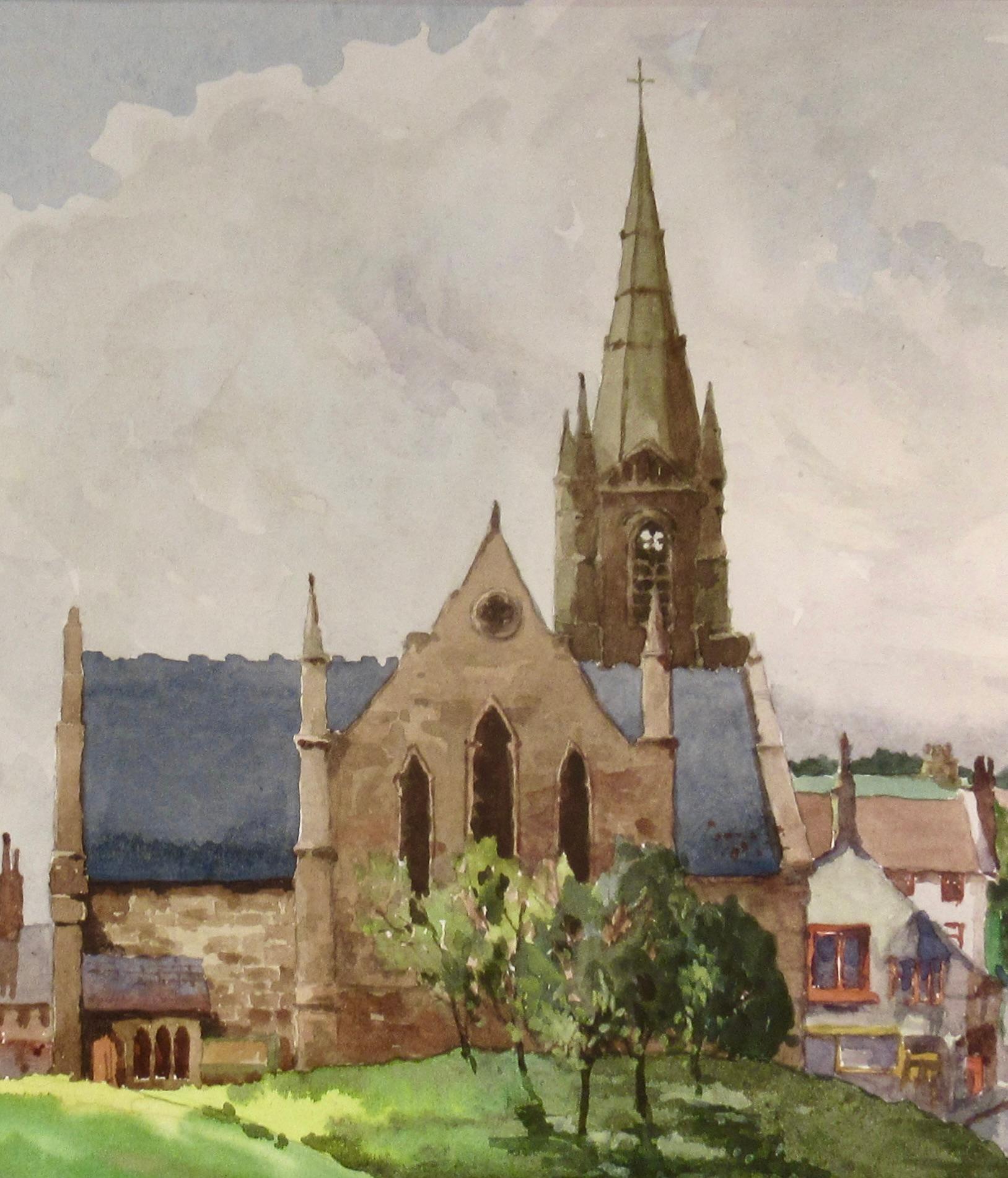 Iglesia en el Camino de Cotsworld, Inglaterra - Art Realista de Ken Cherrington