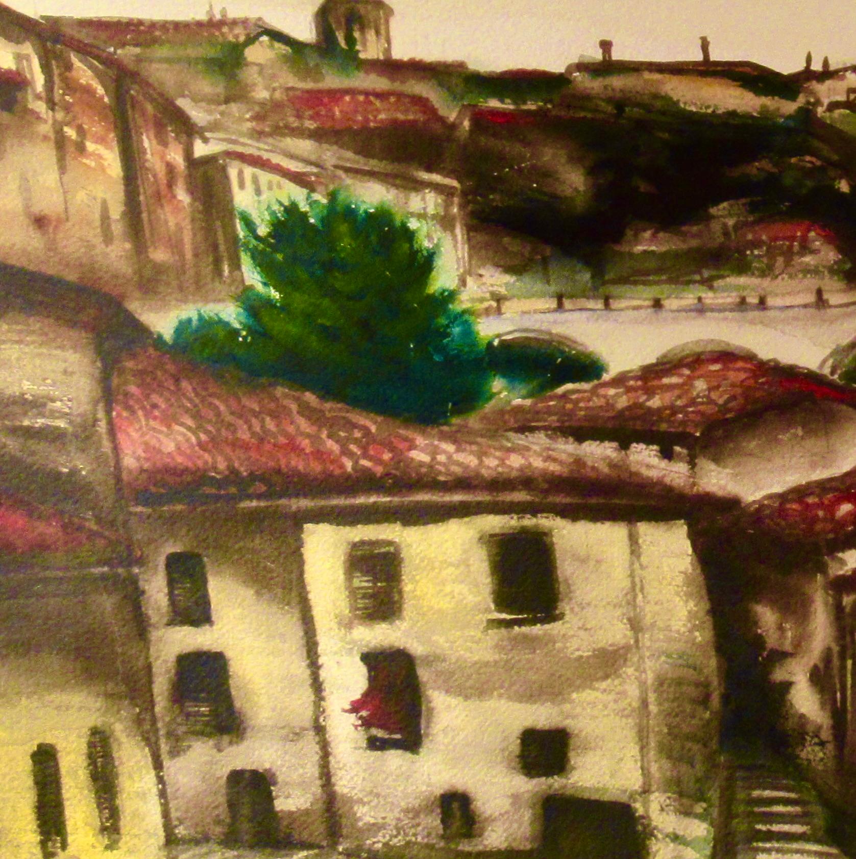 Domingo por la mañana, pueblo de Provenza. - Figurative Art Marrón de Henry Edmiston