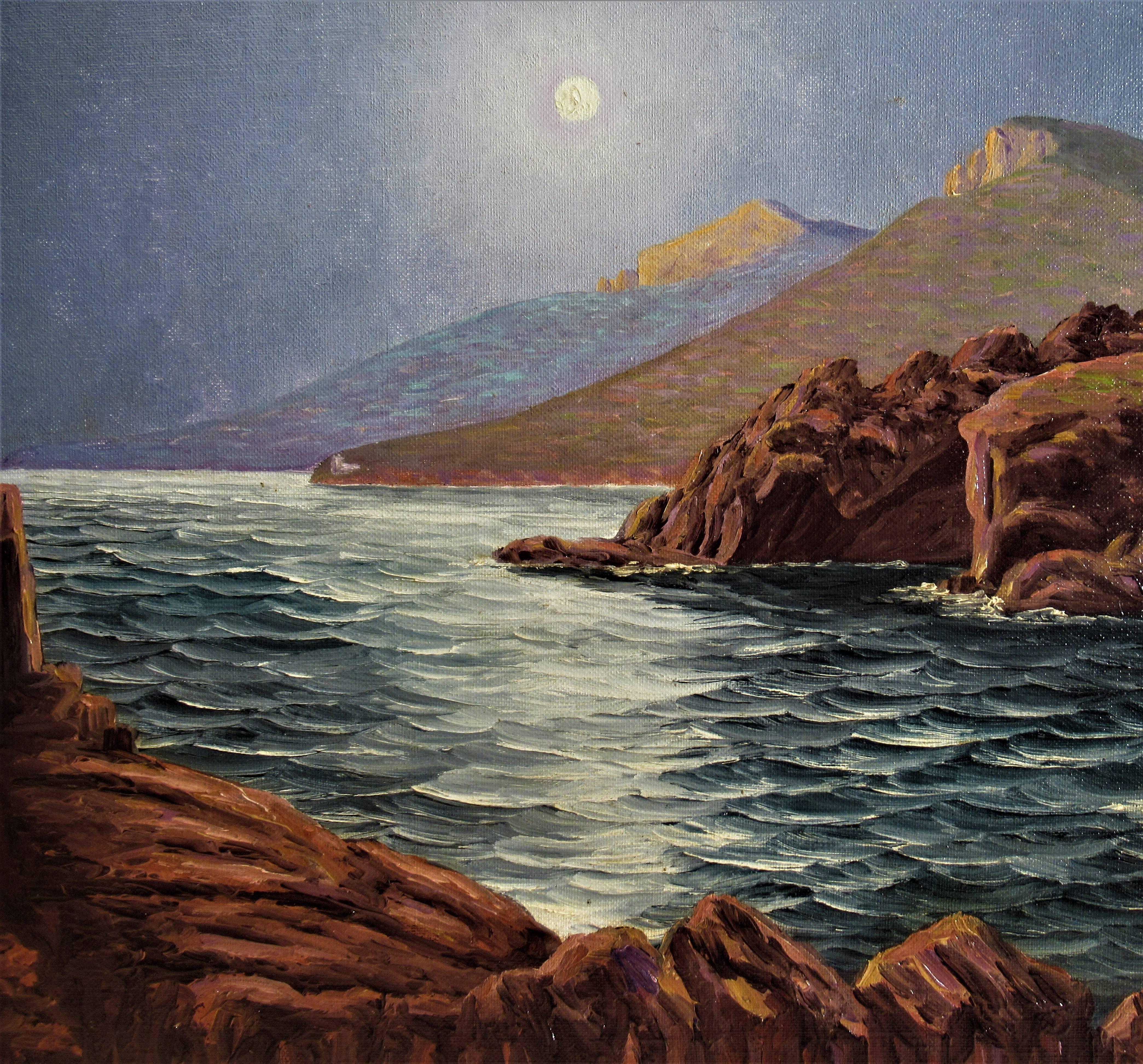 Paysage marin de la nuit en Provence - Impressionnisme Painting par Robert Lemonnier
