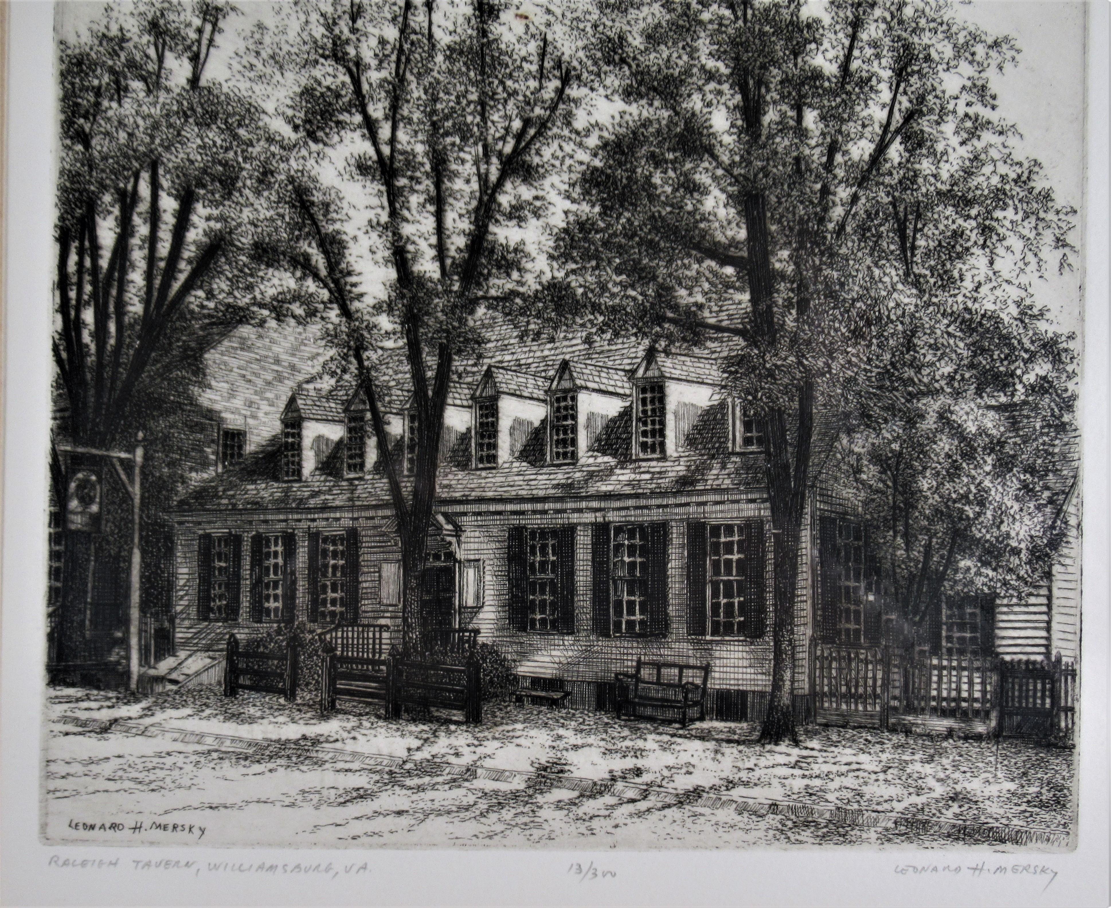 Raleigh Tavern, Williamsburg, VA (Grau), Figurative Print, von Leonard H. Mersky