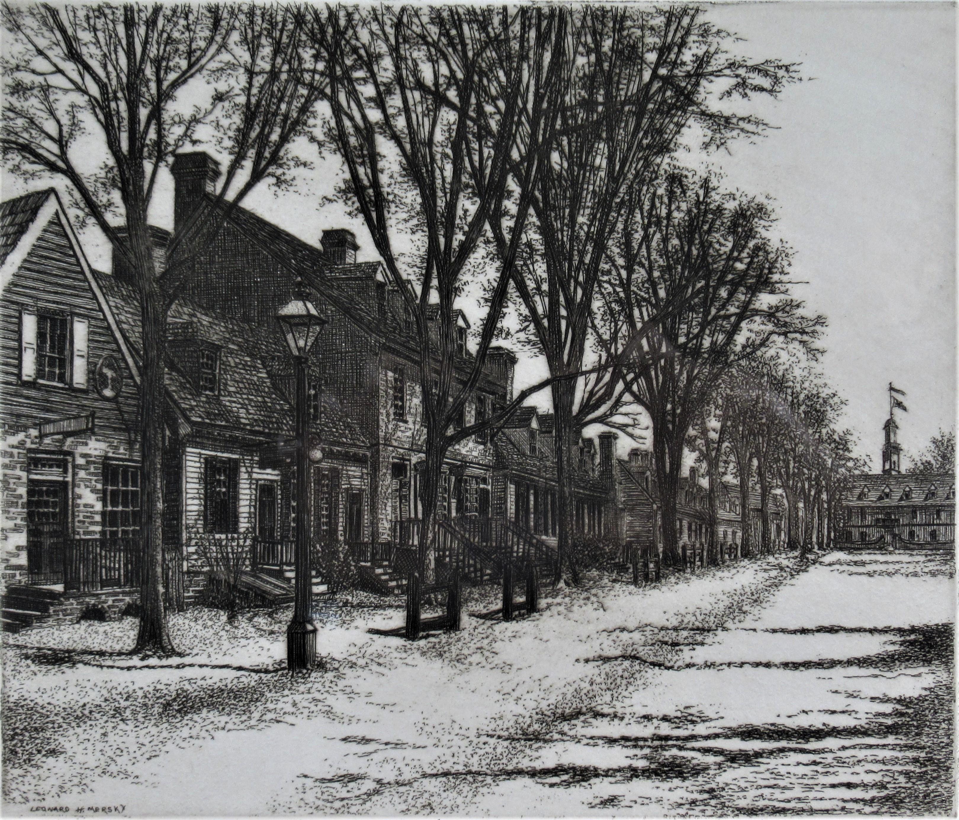 Duke of Gloucester Street, Willamsburg (Grau), Landscape Print, von Leonard H. Mersky