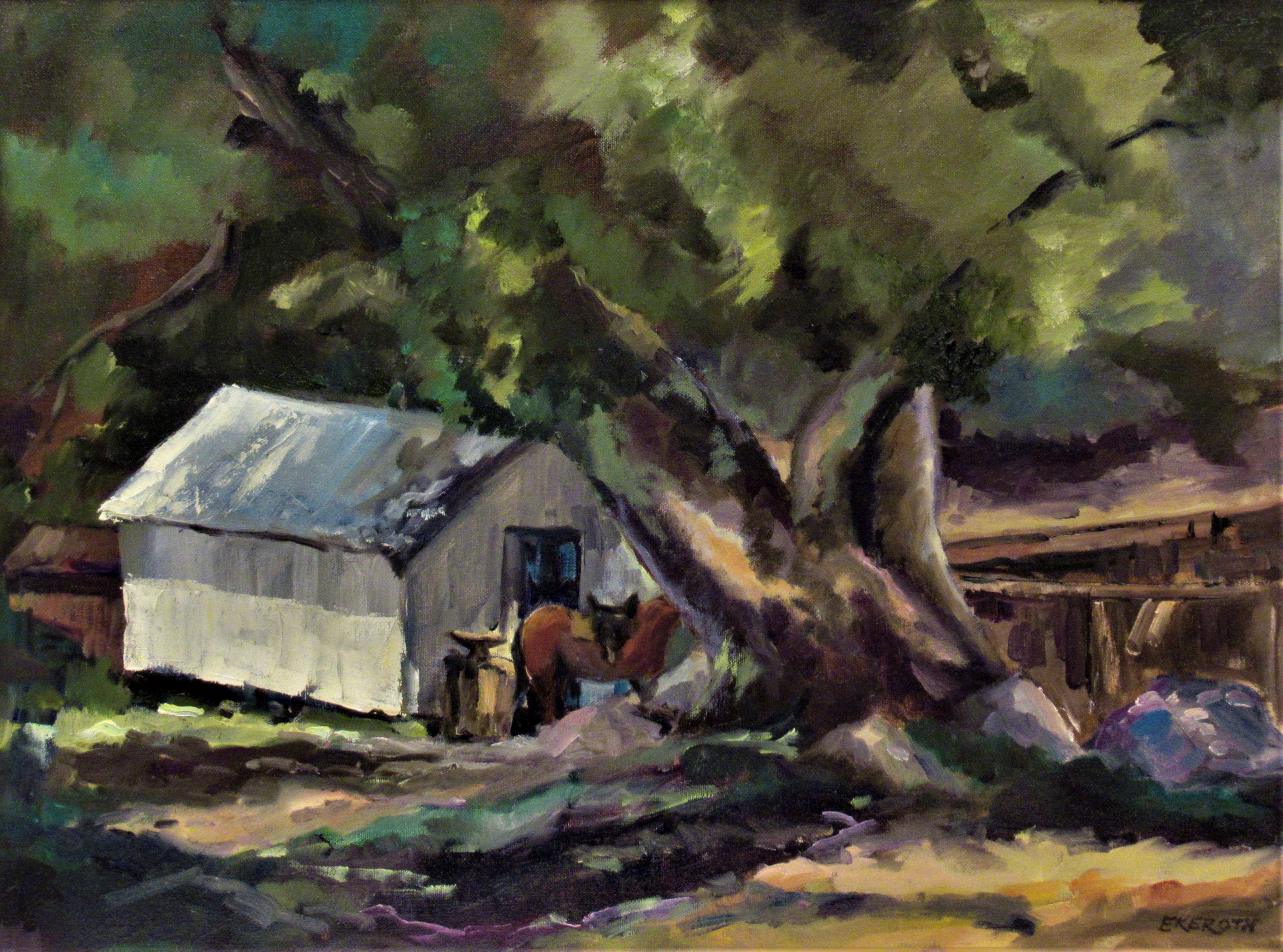 Paysage avec grange et cheval - Painting de Elmer Frederick Ekeroth