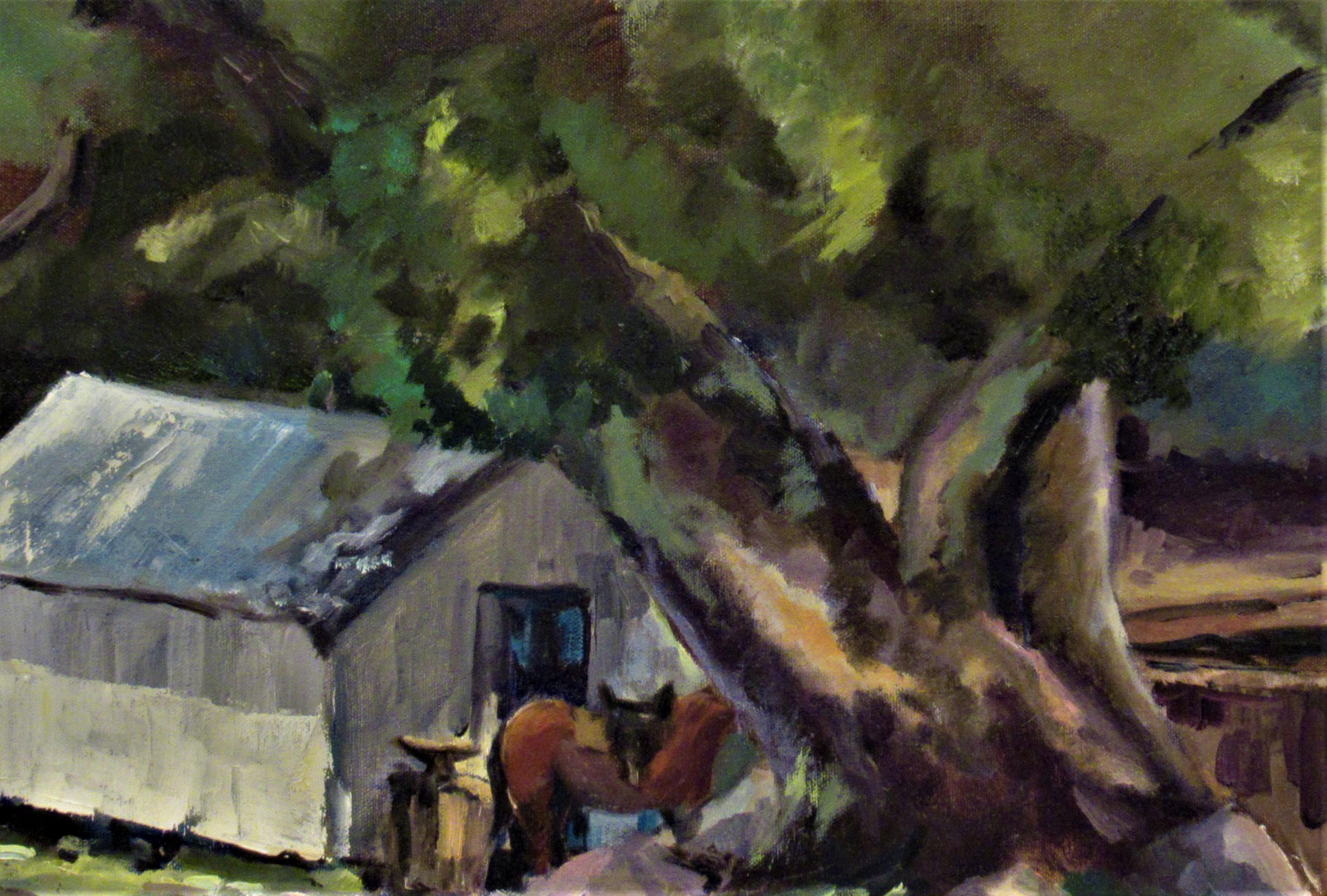 Paysage avec grange et cheval - Impressionnisme américain Painting par Elmer Frederick Ekeroth