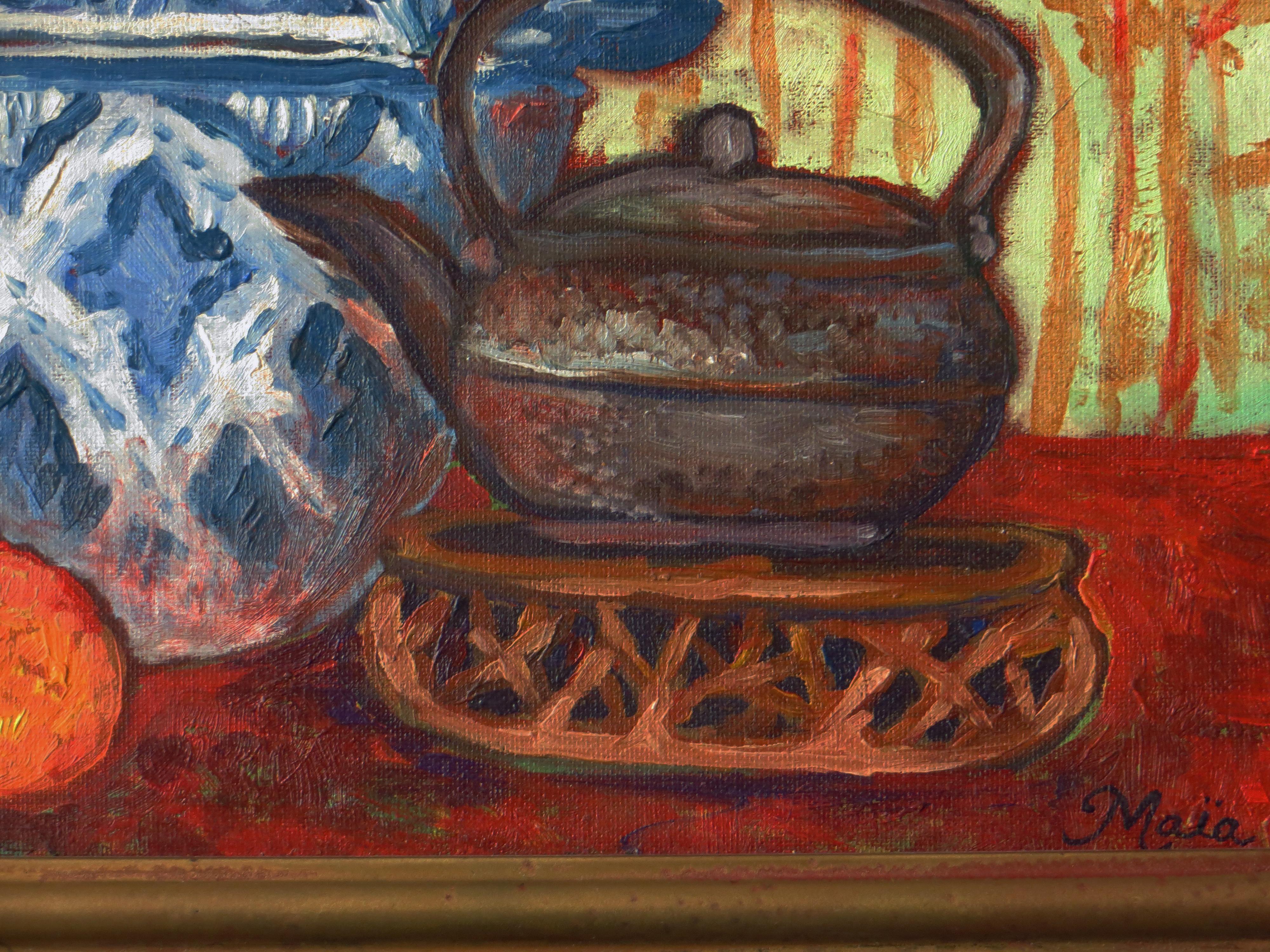 This beautiful still life is by the Montana/Idaho artist Maia Leisz. Leisz studied art extensively in the south of France and the influence of that region is evident in this impressionistic work. The patterned wallpaper and blue jar harken back to