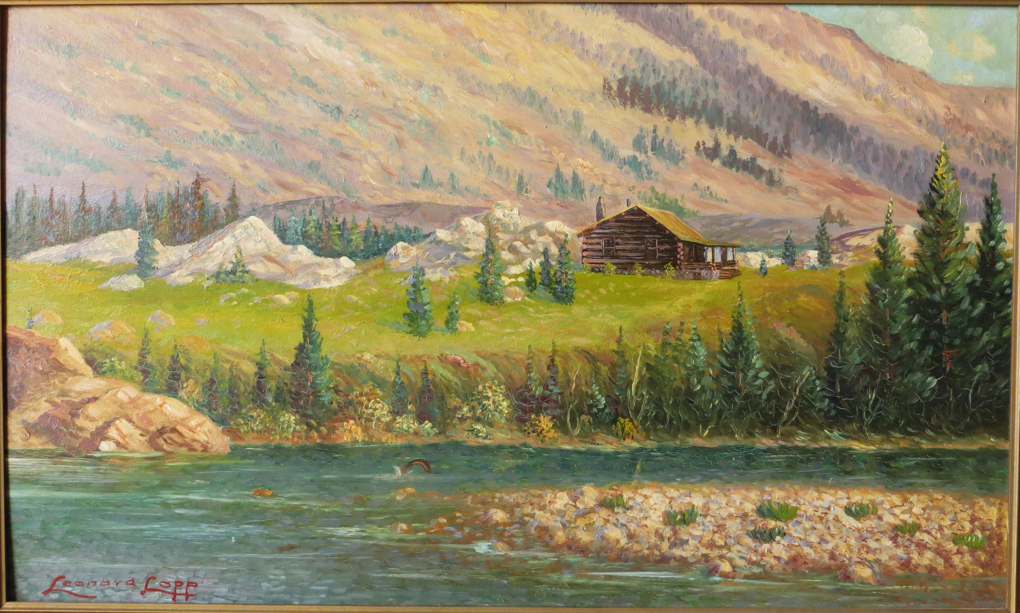 Vintage Western Mountain Scene by noted Montana Artist - Brown Landscape Painting by Harry Leonard Lopp