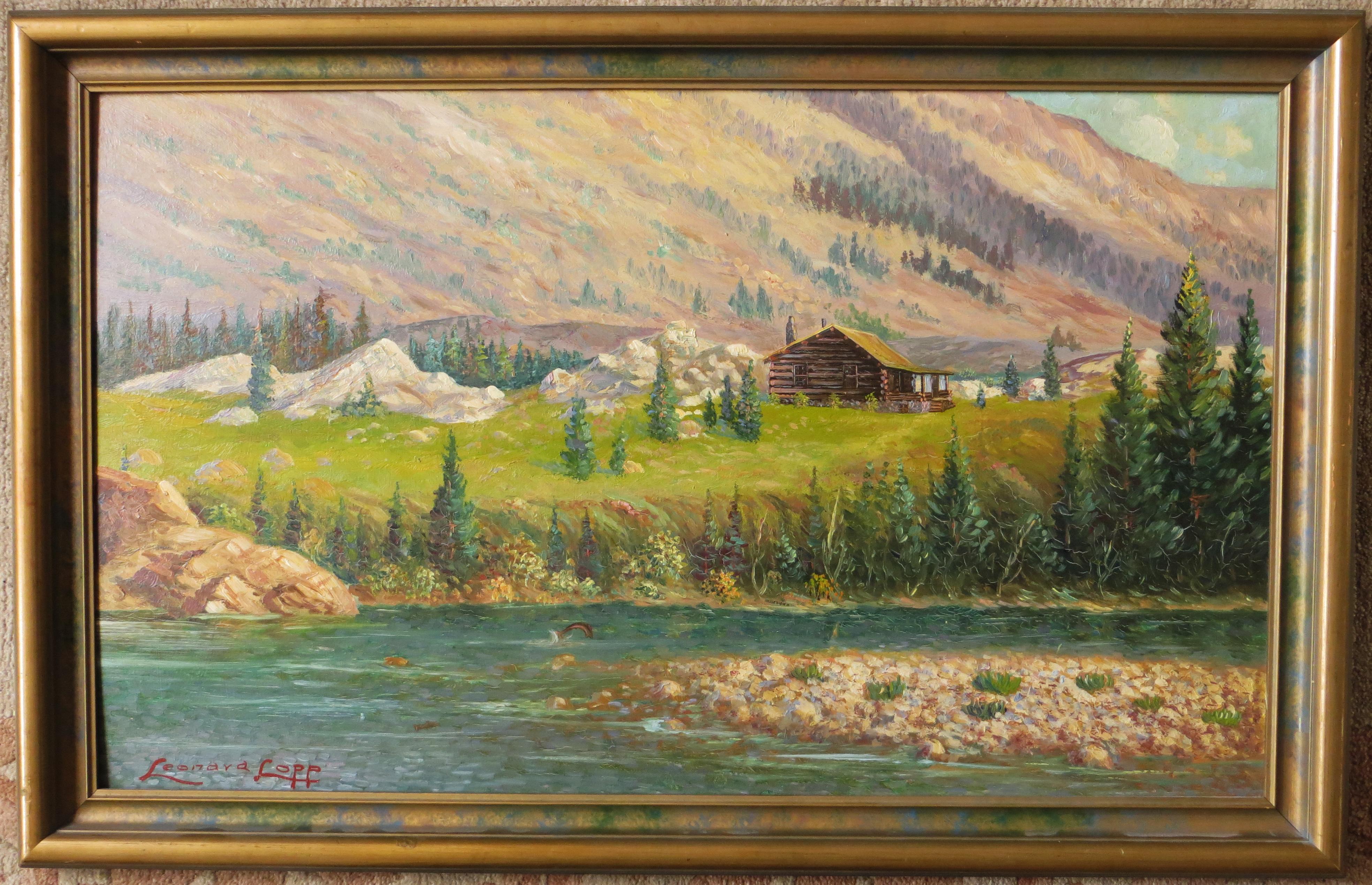 This oil on board painting depicts what looks like the Northern Rockies, probably in Montana. The painting has many interesting textures as the artist has sought to render land, water vegetation and sky with careful brushwork. The painting measures