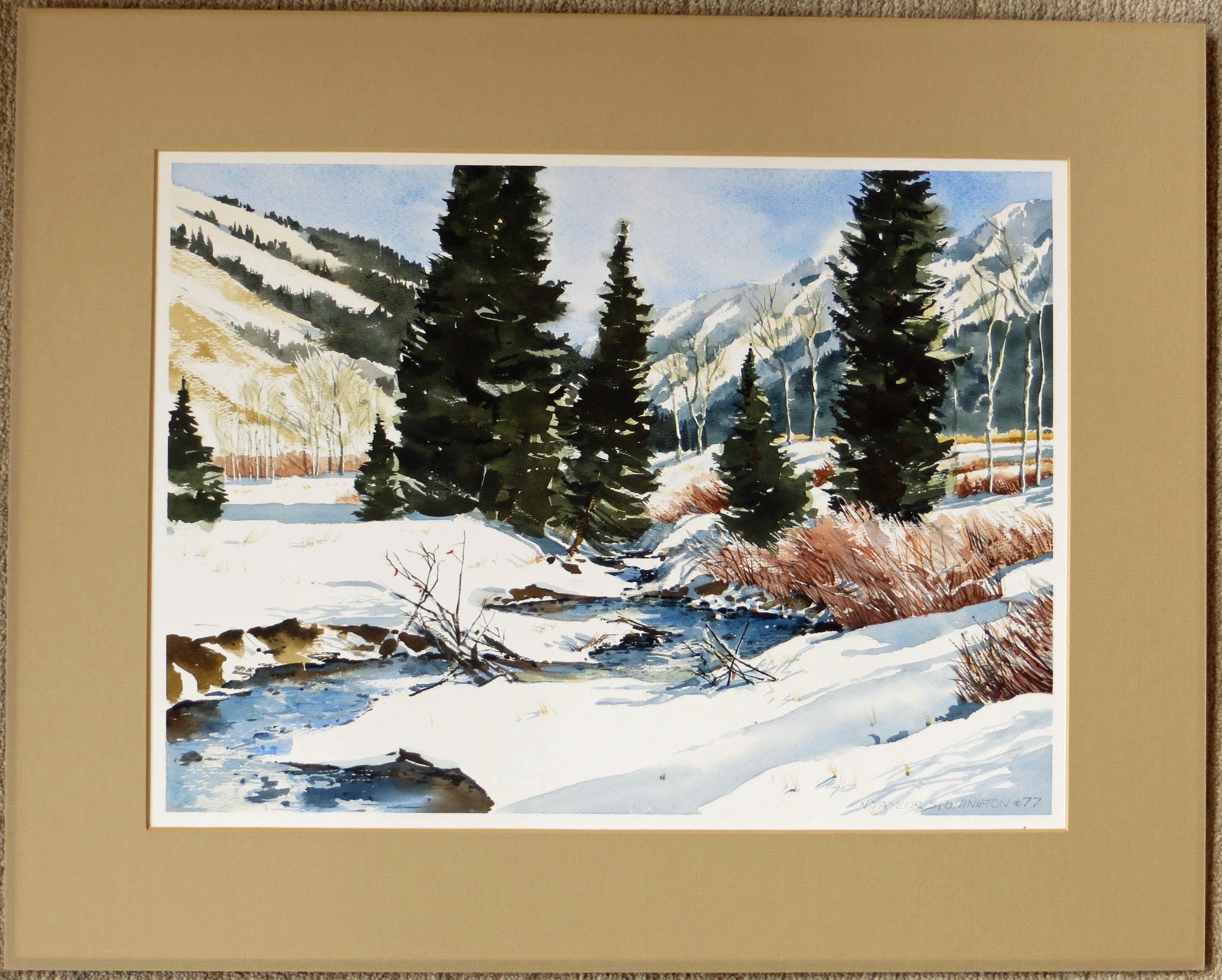 Winter Scene, Idaho - Watercolor  - Gray Landscape Painting by Nancy Taylor Stonington