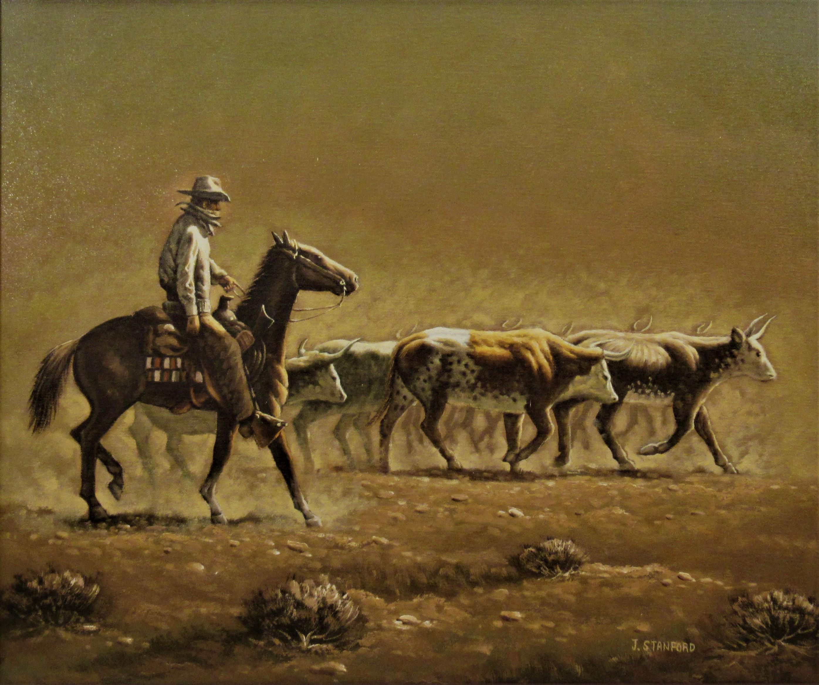 Horseman and cattle - Painting by john stanford