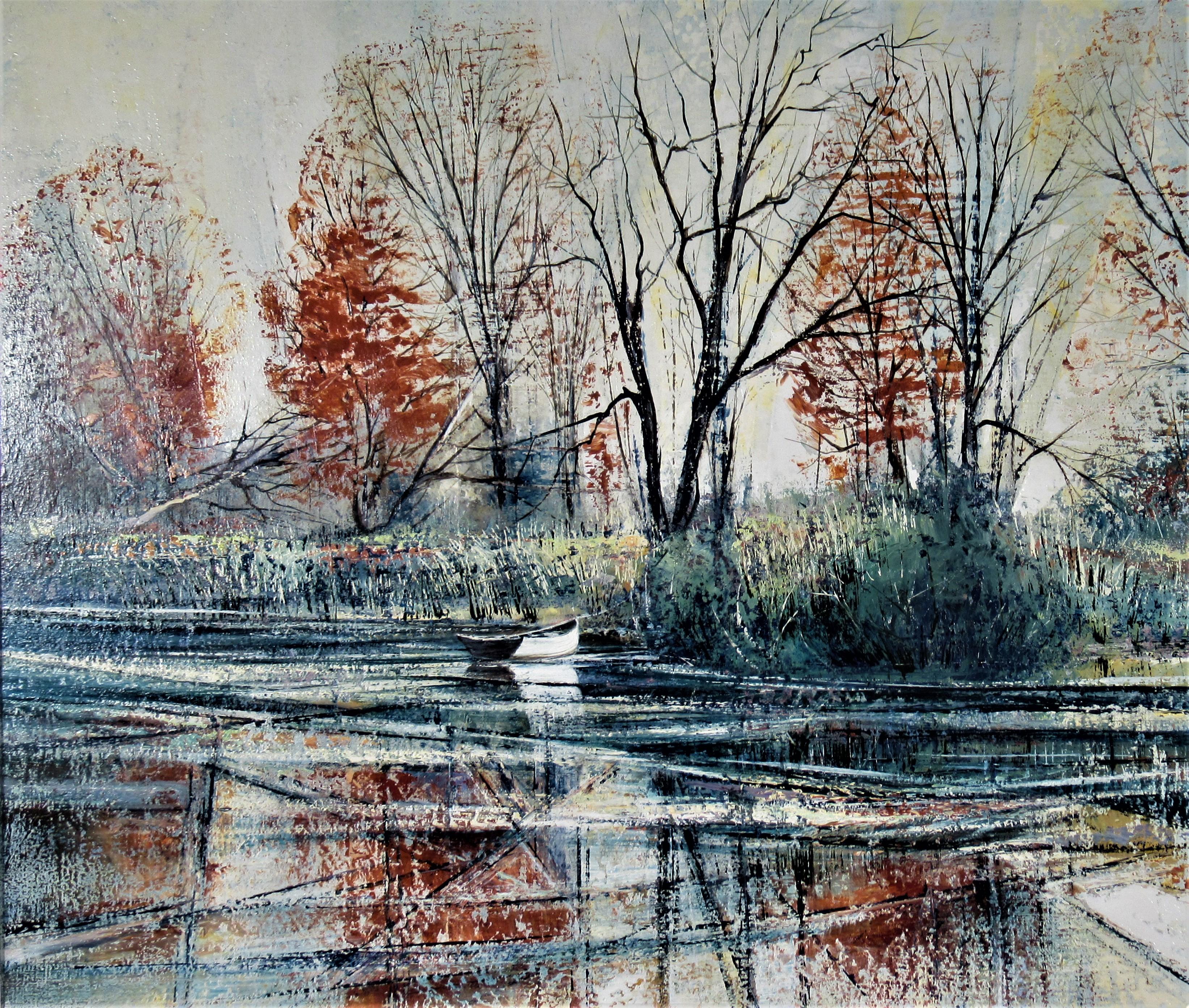 Banque de la rivière Automne - Impressionnisme américain Painting par Richard Ellis Wagner