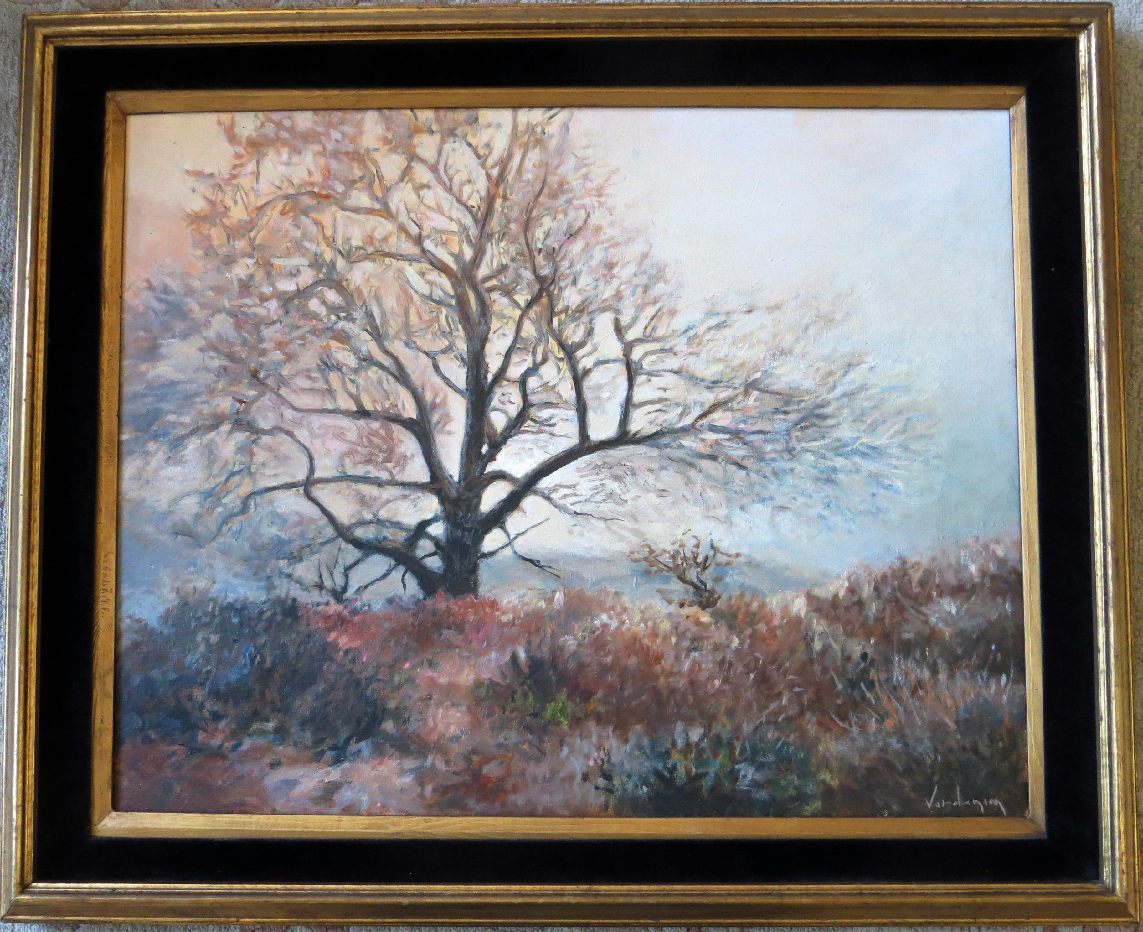 This beautiful oil on canvas painting is by Serop Vardanian (1914-1997). Vardanian is best known for his depictions of trees, and this one, titled “The Giant” has a warm radiance. Serop Vardanian is an Armenian American artist. He was born in Iran,