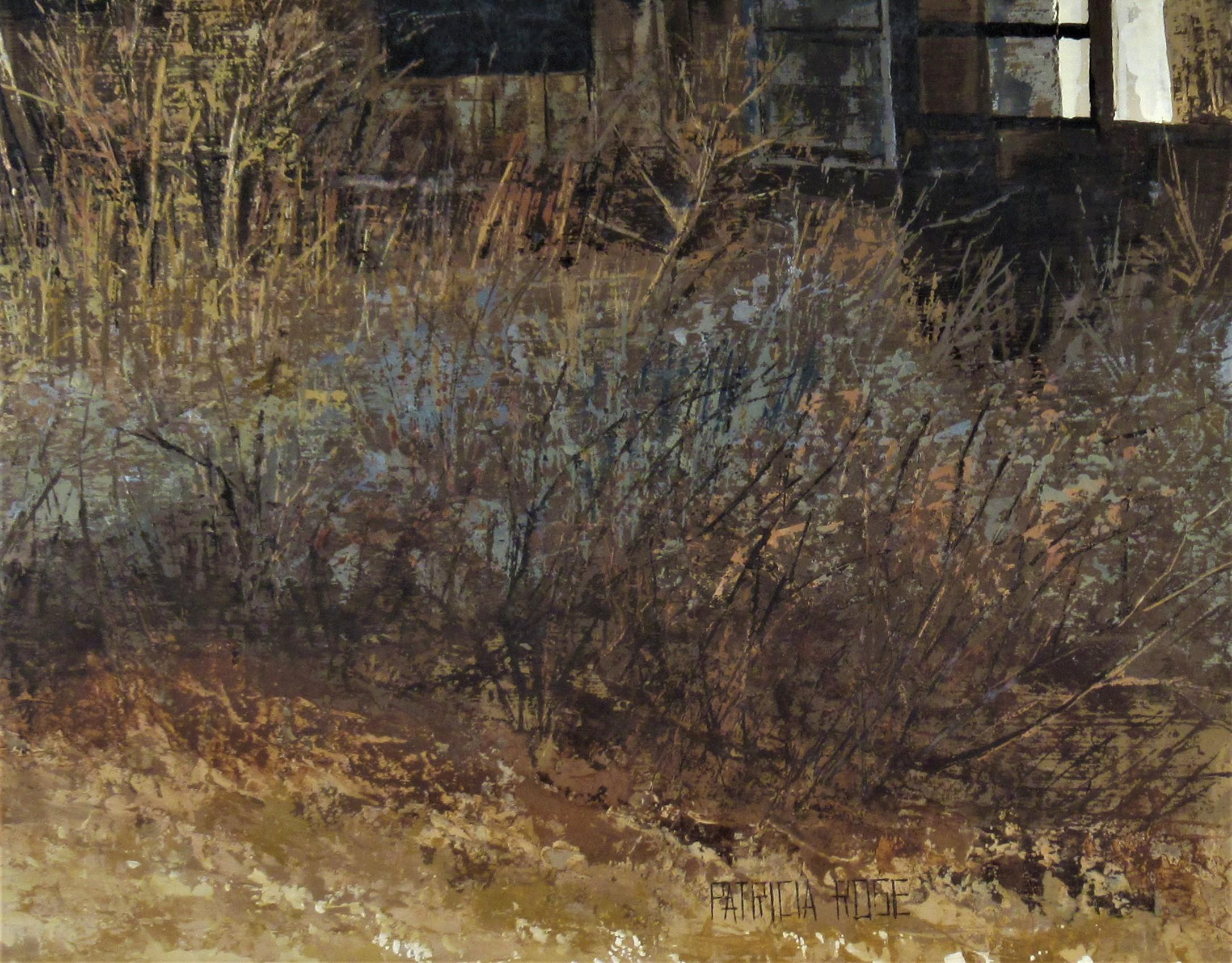 Spring aus Veilchenholz (Grau), Landscape Painting, von Patricia Rose