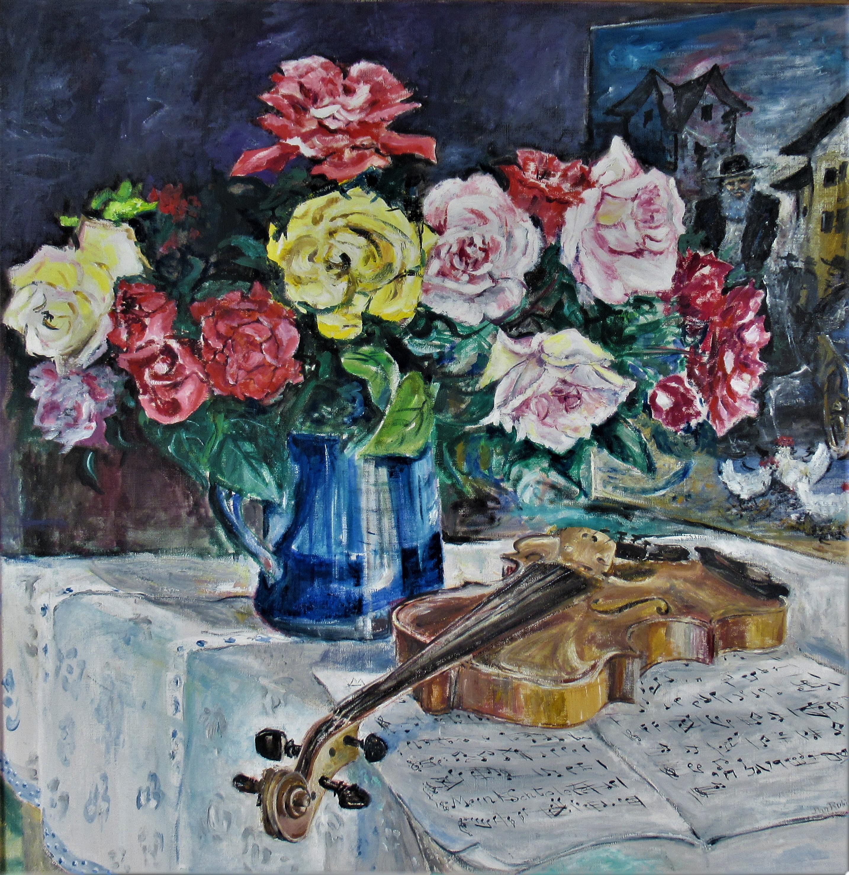 Fleurs dans un vase et un violon - Painting de Dan Rubinstein