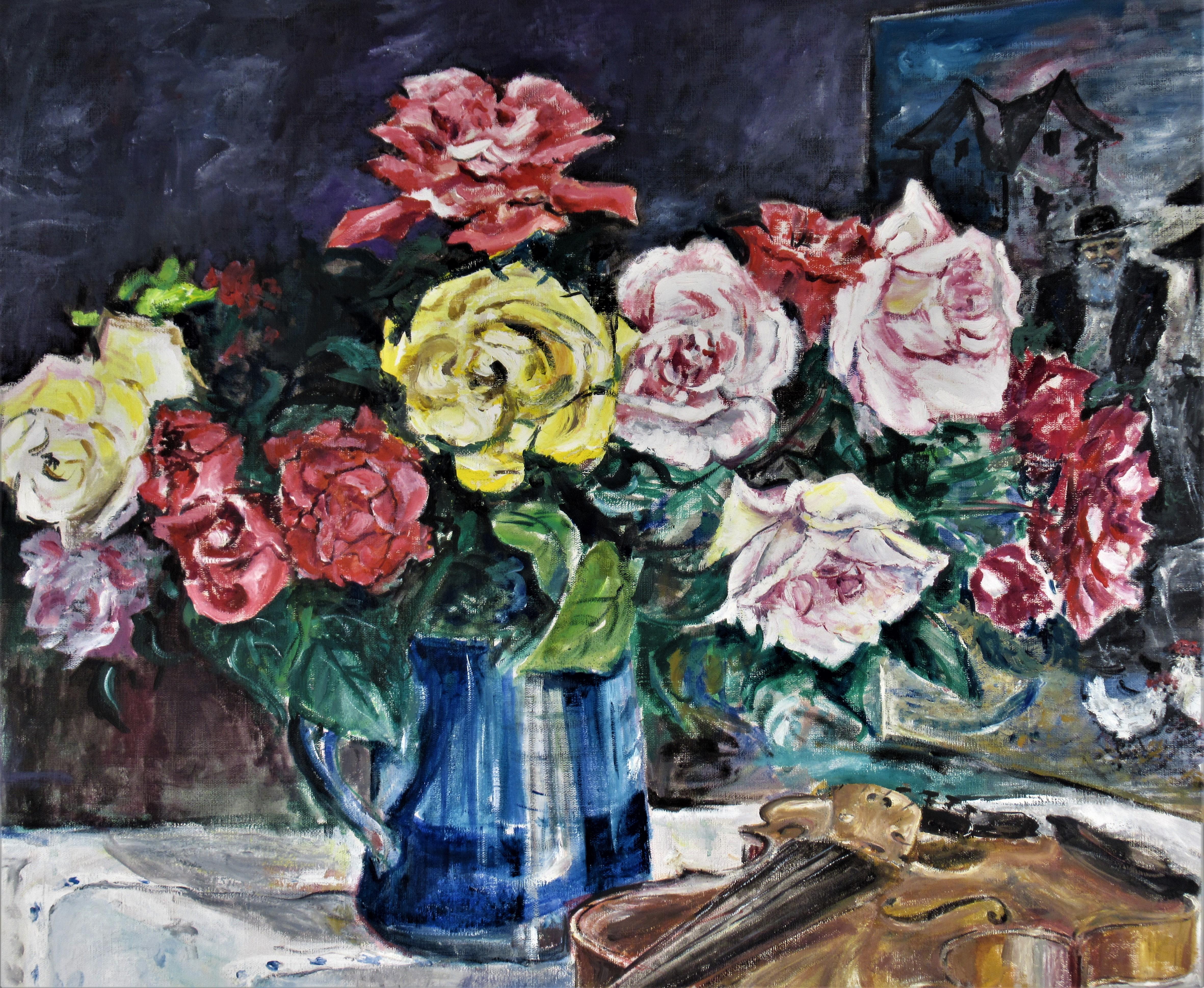 Fleurs dans un vase et un violon - Impressionnisme Painting par Dan Rubinstein
