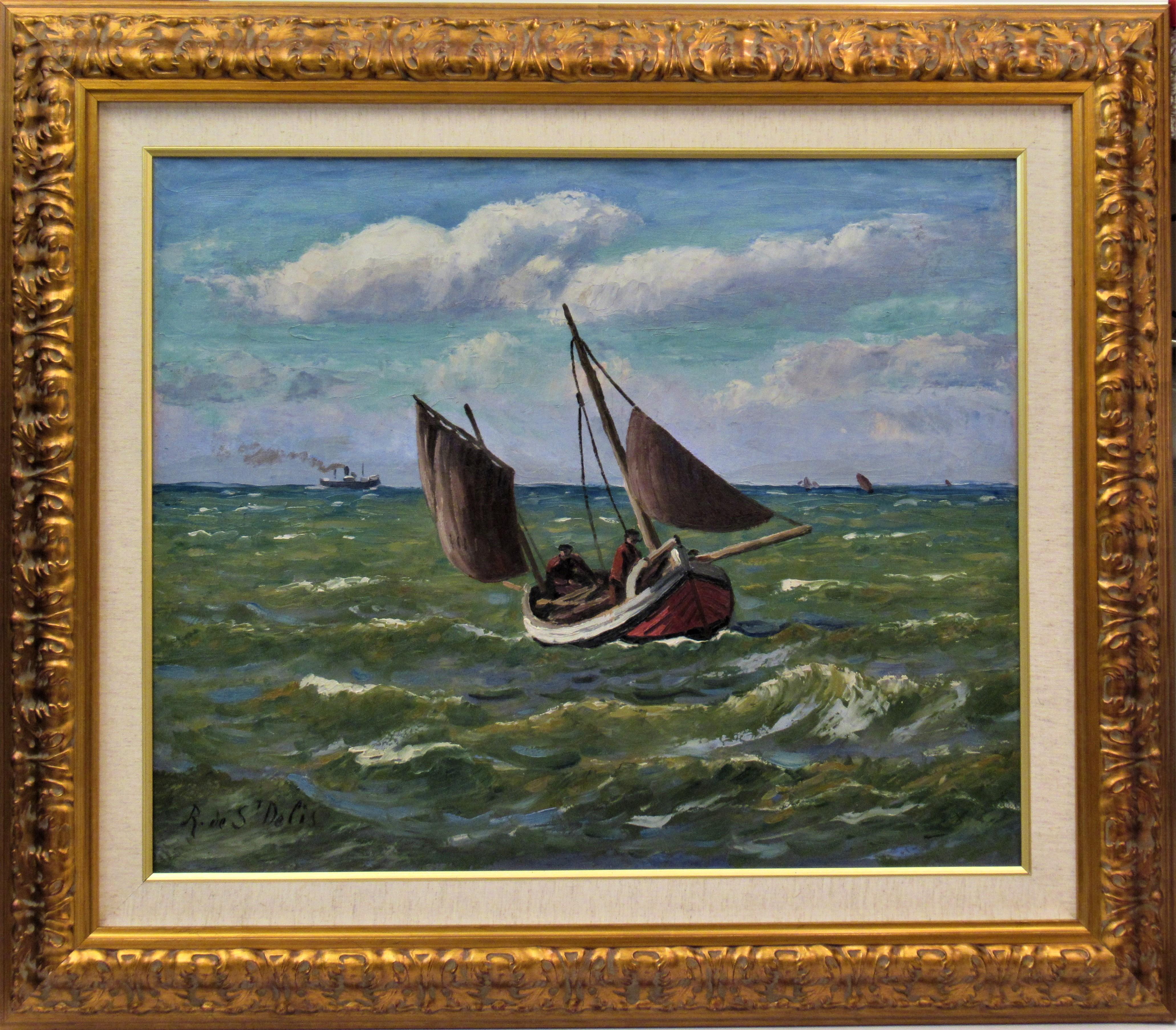 Rene Lienard De Saint Delis Figurative Painting - Pecheurs en Mer (Fishermen at Sea)