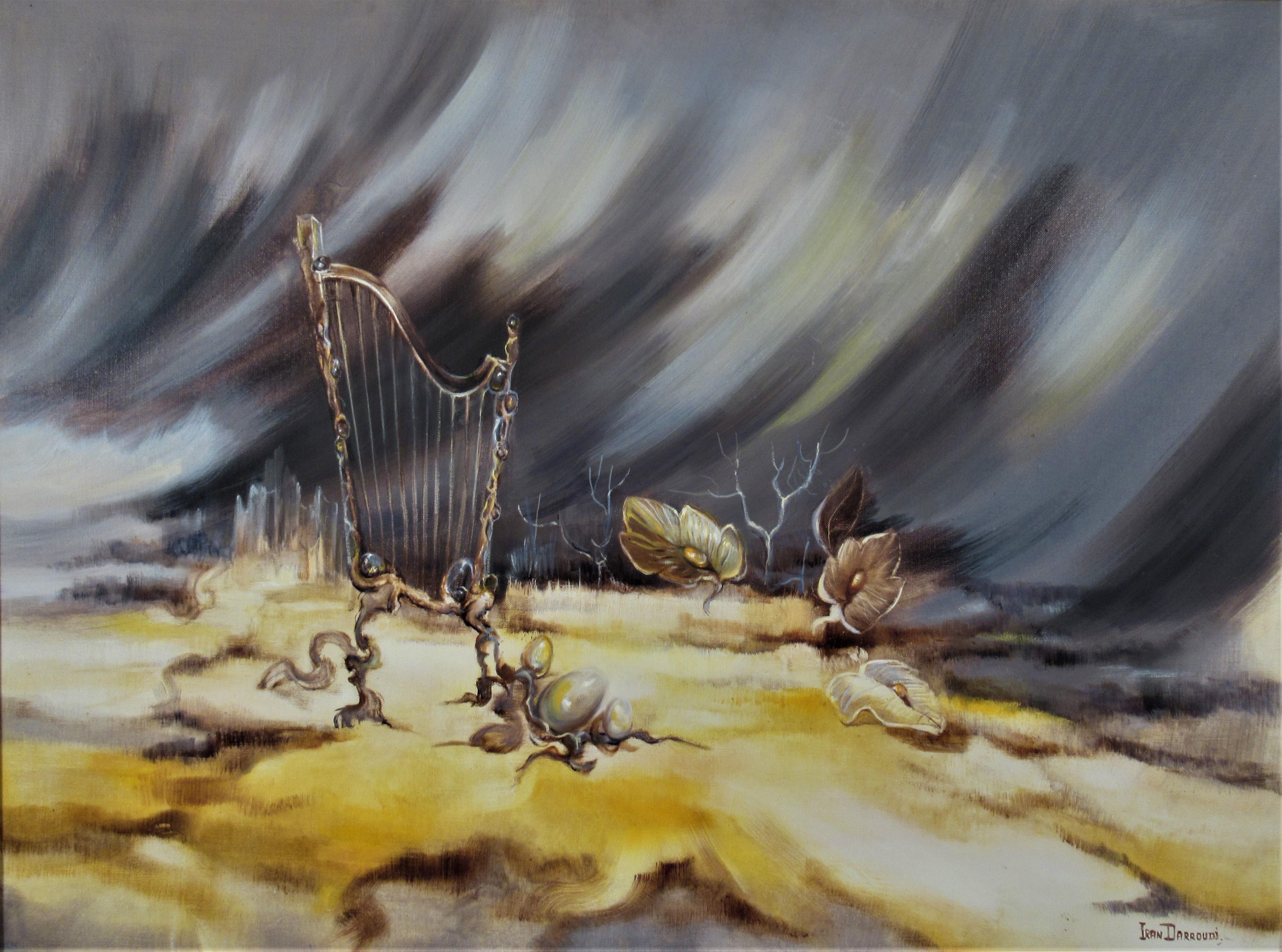 Surrealist Landscape with Harp - Painting by Iran Darroudi