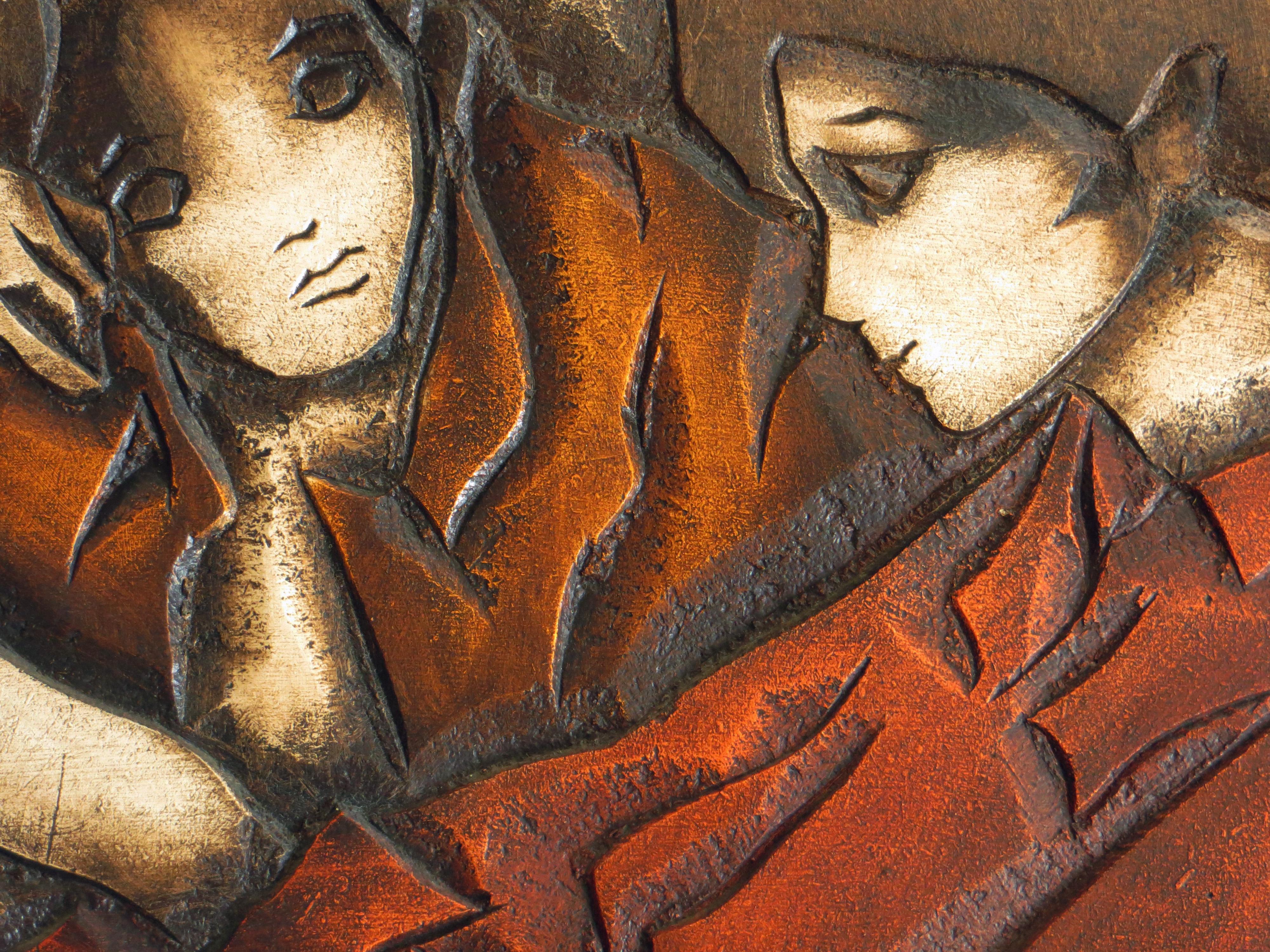 bas-relief Wall Sculpture - Two Persons in Conversation - Painting by Jean-Claude Gaugy