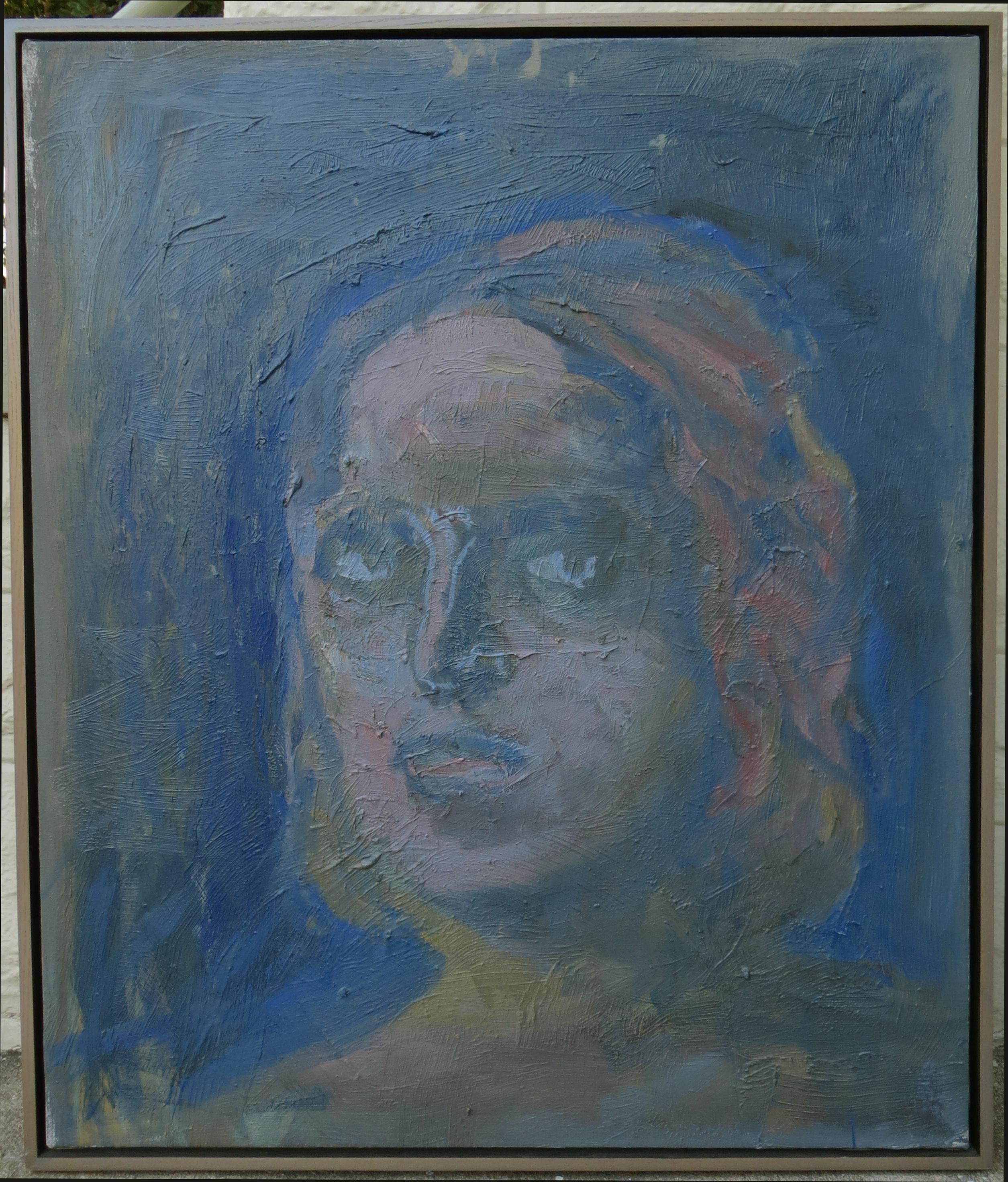 Dieses ausdrucksstarke, figurative Porträt stammt von Cliffton Peacock (1953-). Das Gemälde misst 40 x 34 Zoll (42 x 36 Zoll gerahmt.) Es besteht aus Öl auf Leinwand. Das Gemälde ist auf der Rückseite signiert und datiert (1991). Außerdem befindet