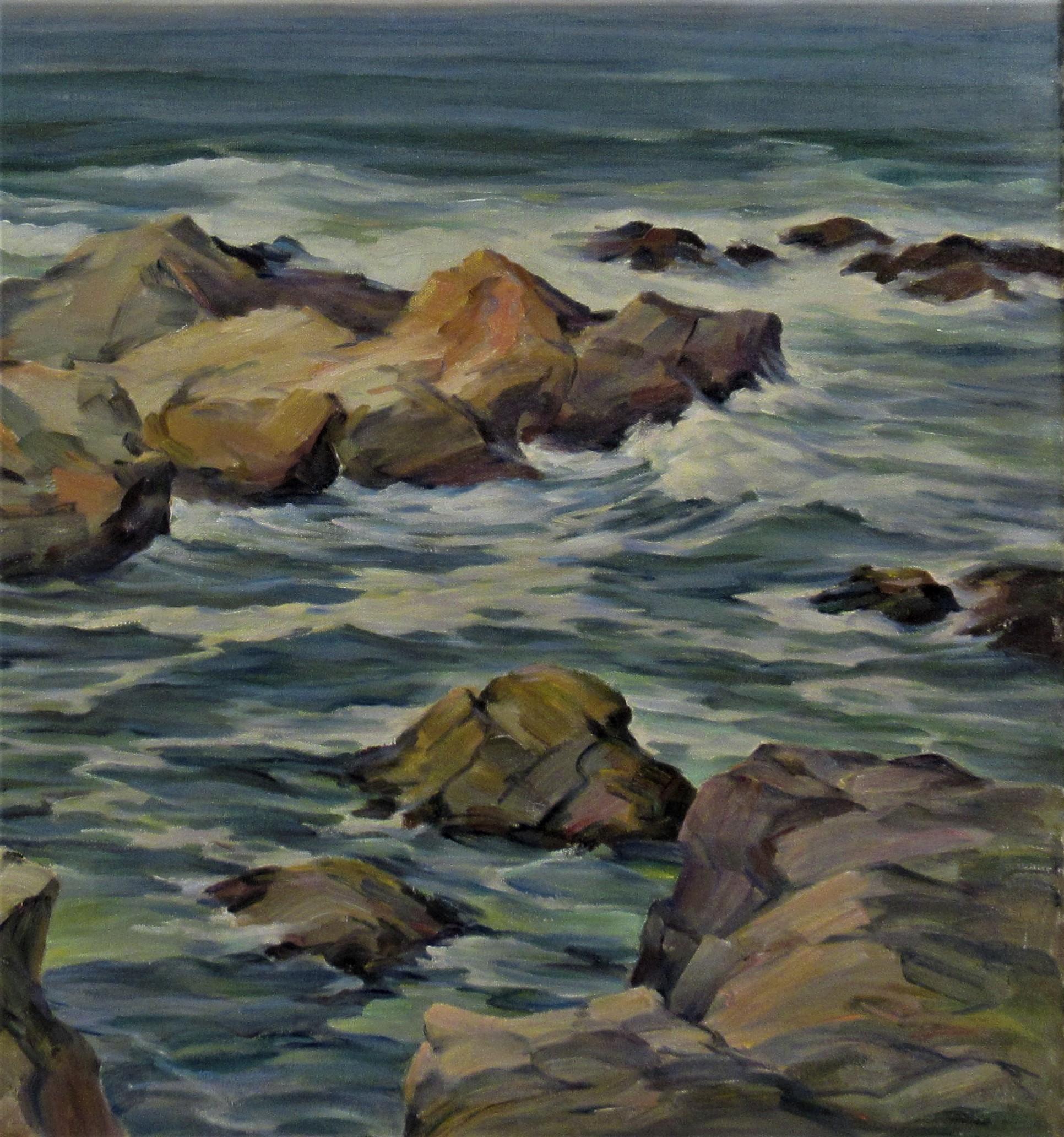 Coastal Scene, California - Black Figurative Painting by Ray Radliff