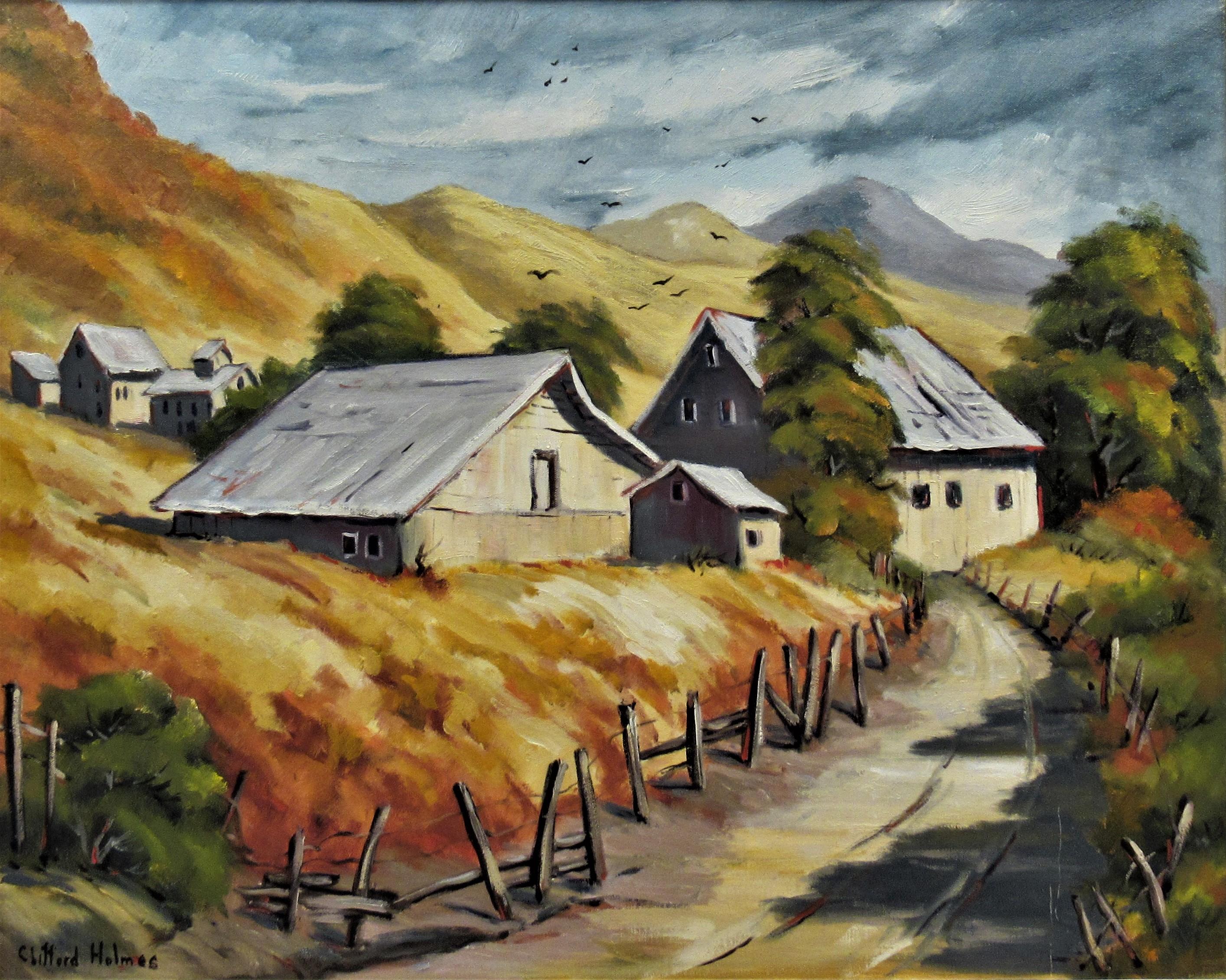 Landscape with Farm, California - Painting by Clifford Holmes