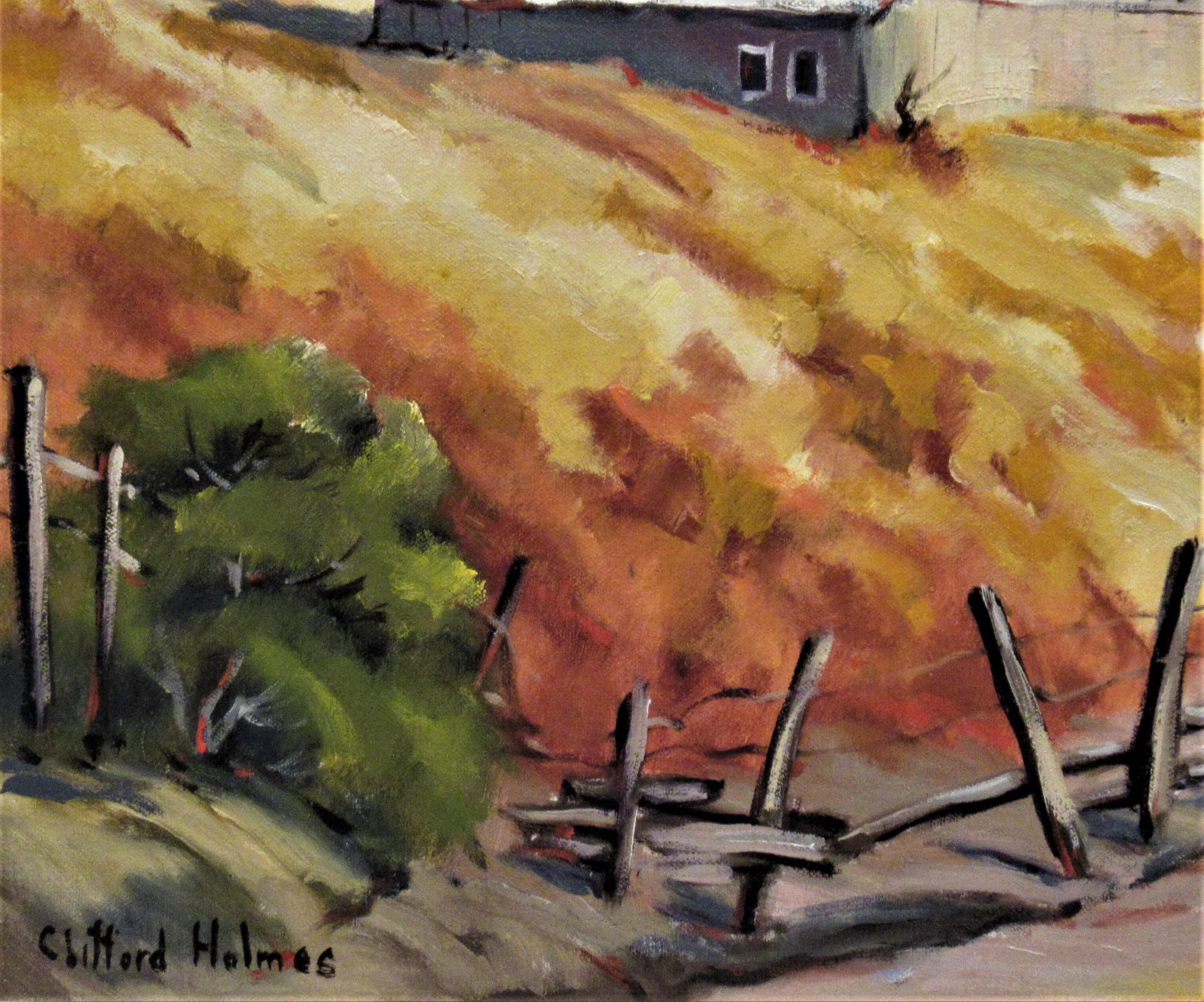 Paysage avec ferme, Californie - Impressionnisme américain Painting par Clifford Holmes