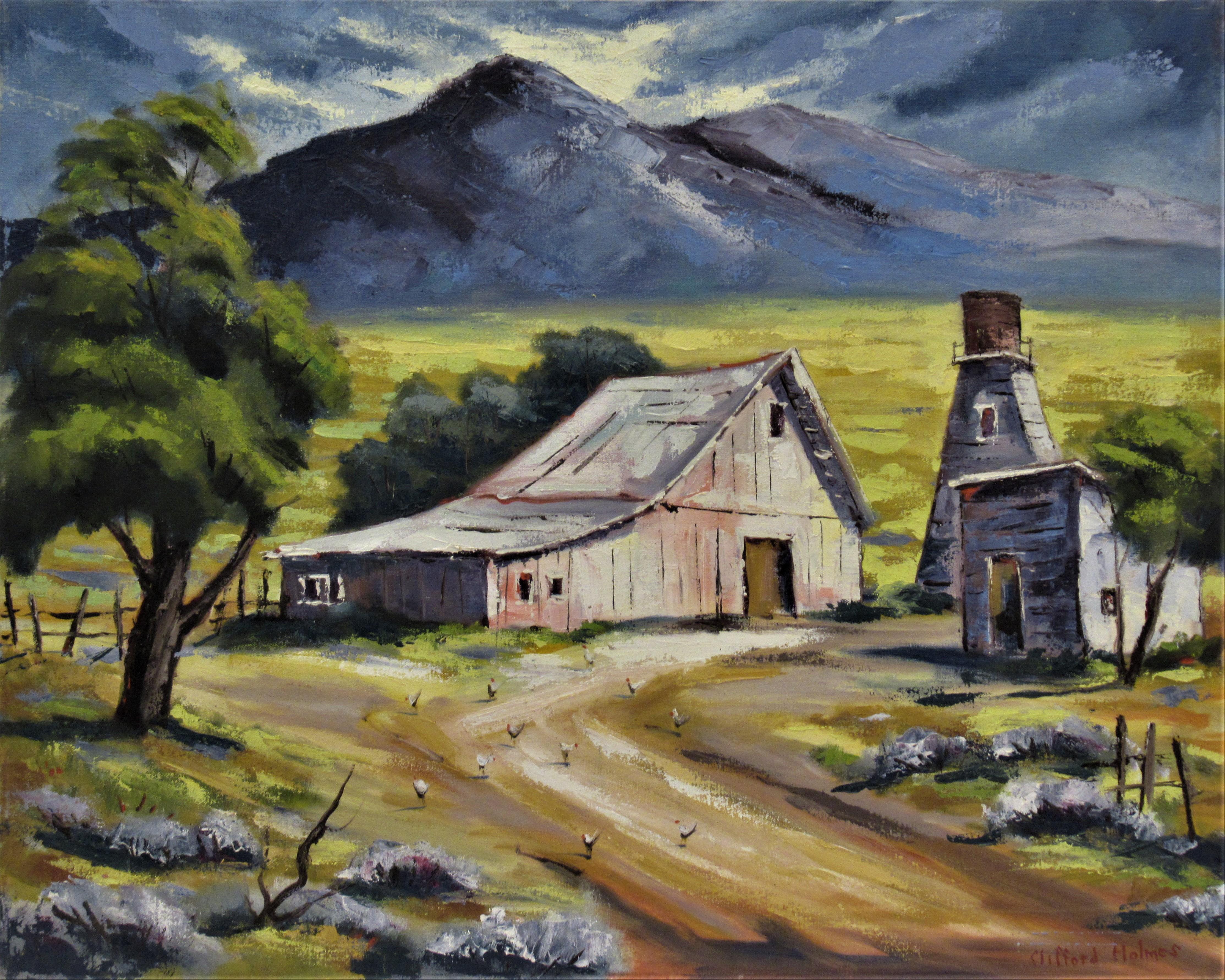 Clifford Holmes Figurative Painting - Landscape with barn, California