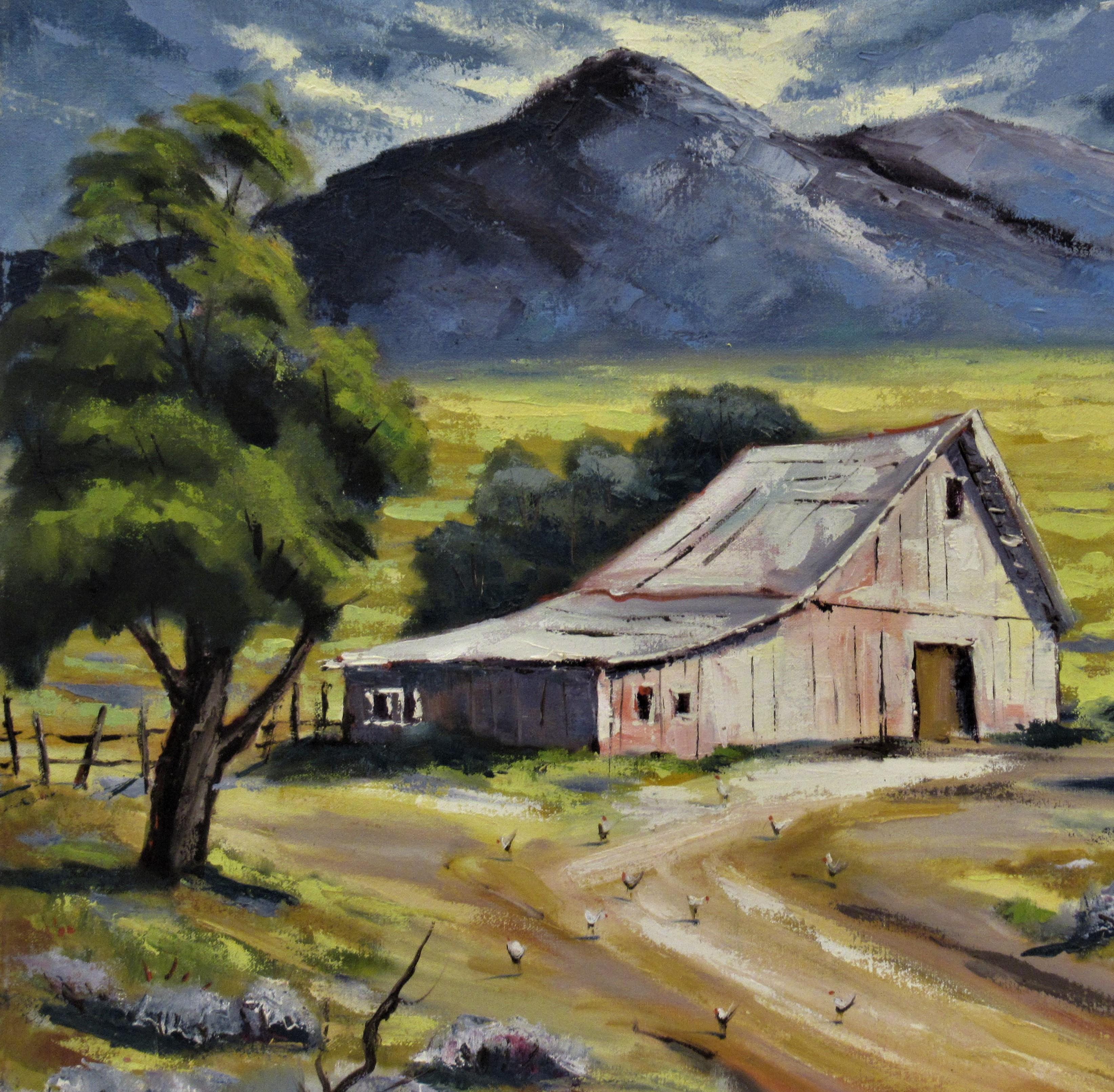 Landscape with barn, California - Painting by Clifford Holmes