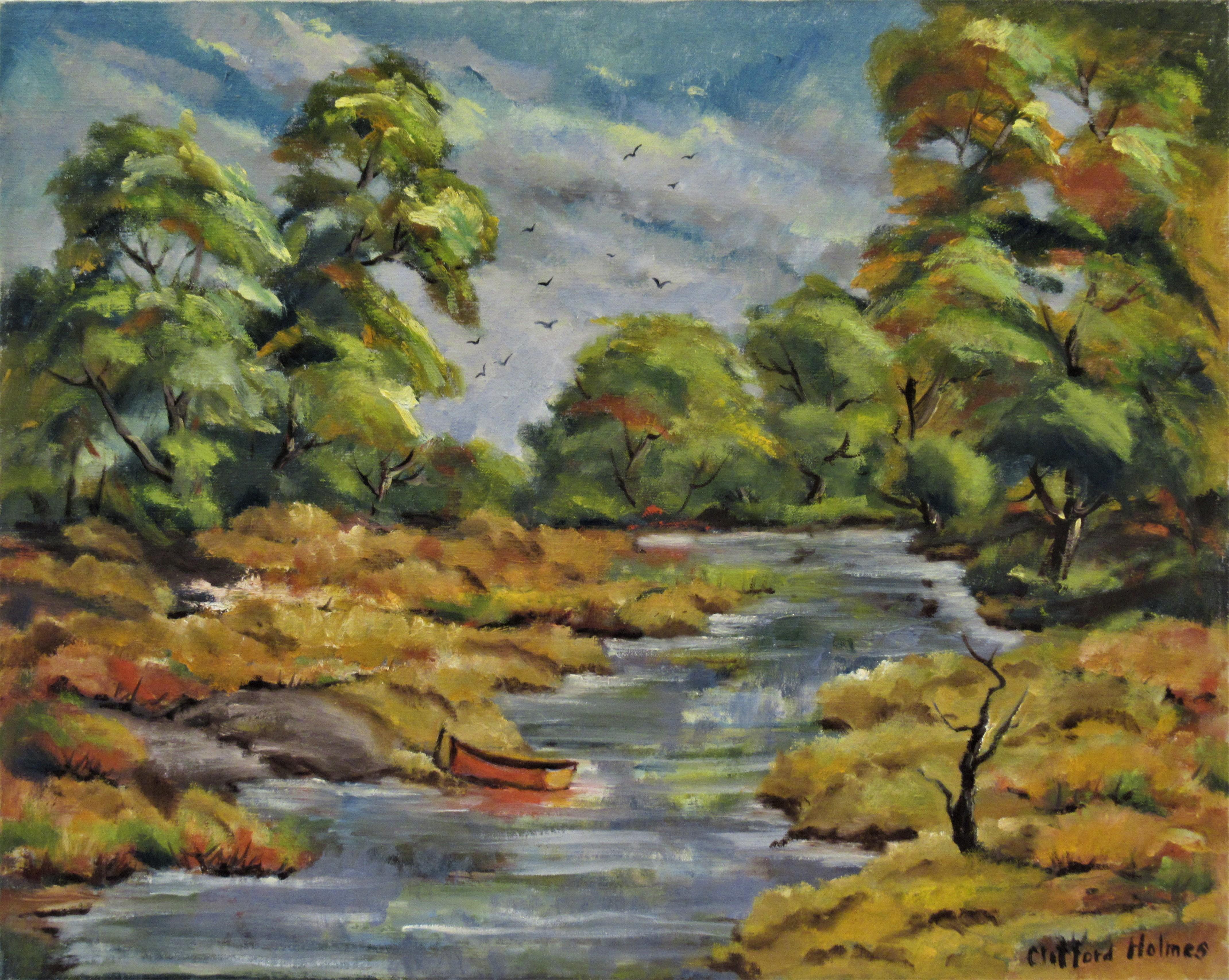 Figurative Painting Clifford Holmes - Paysage avec rivière, Californie