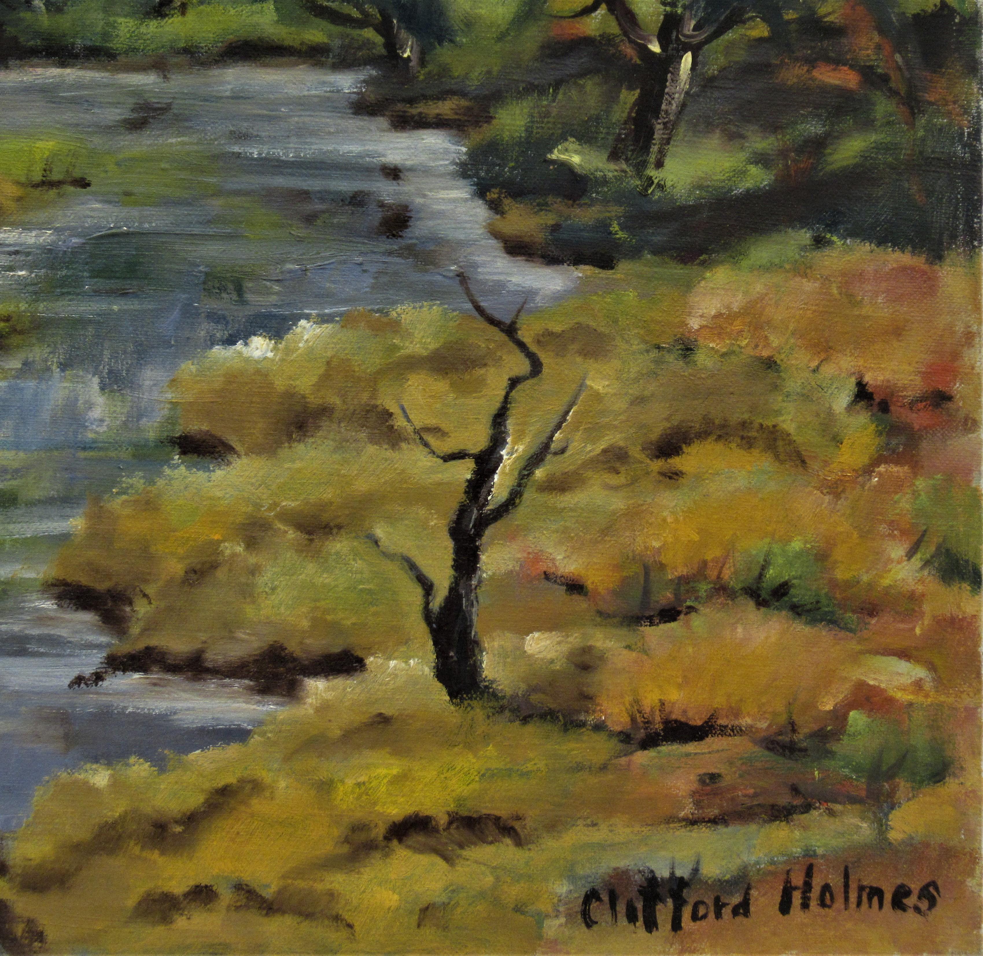 Paysage avec rivière, Californie - Gris Figurative Painting par Clifford Holmes