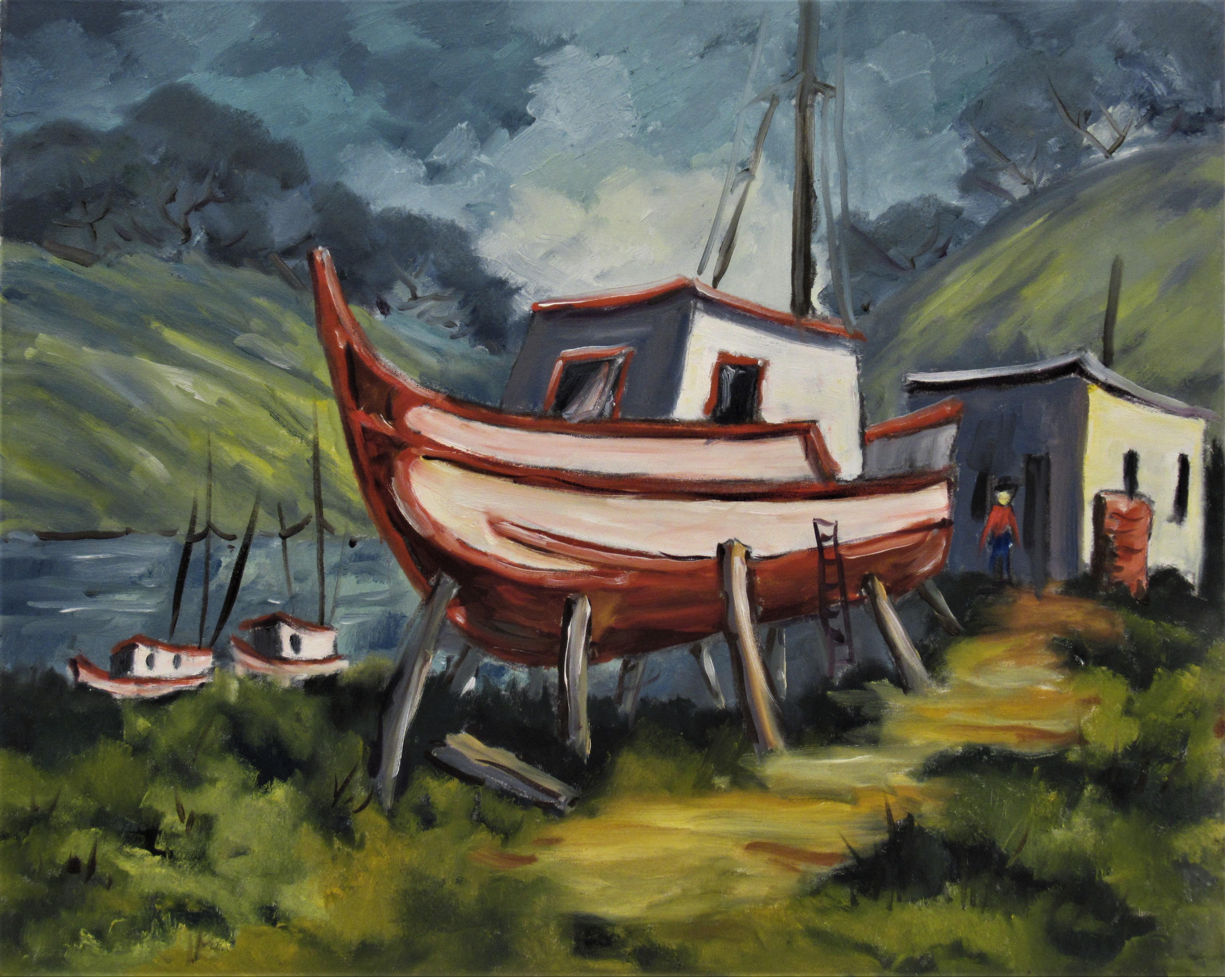 Figurative Painting Clifford Holmes - Paysage avec bateaux