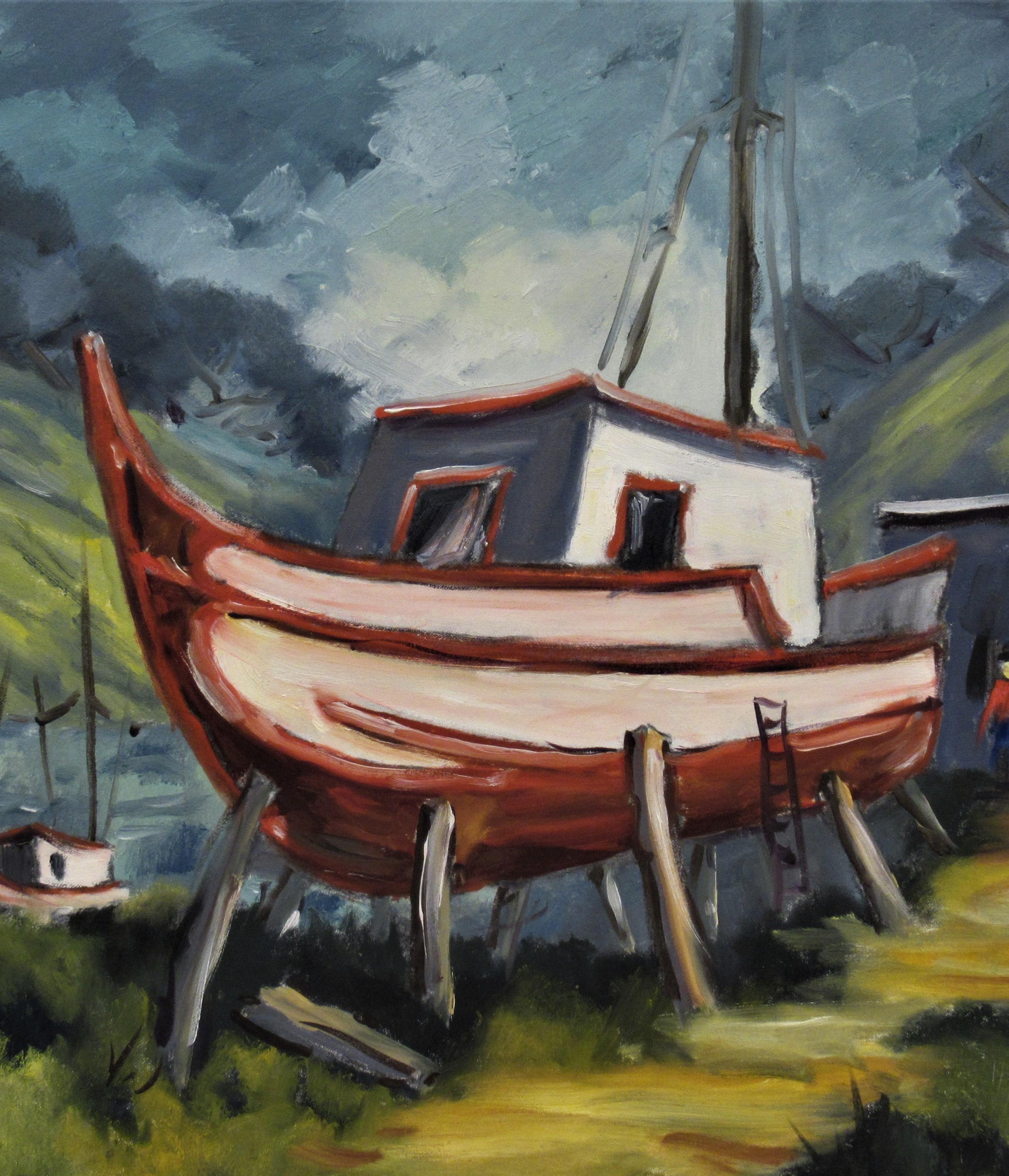 Landscape with Boats - Painting by Clifford Holmes