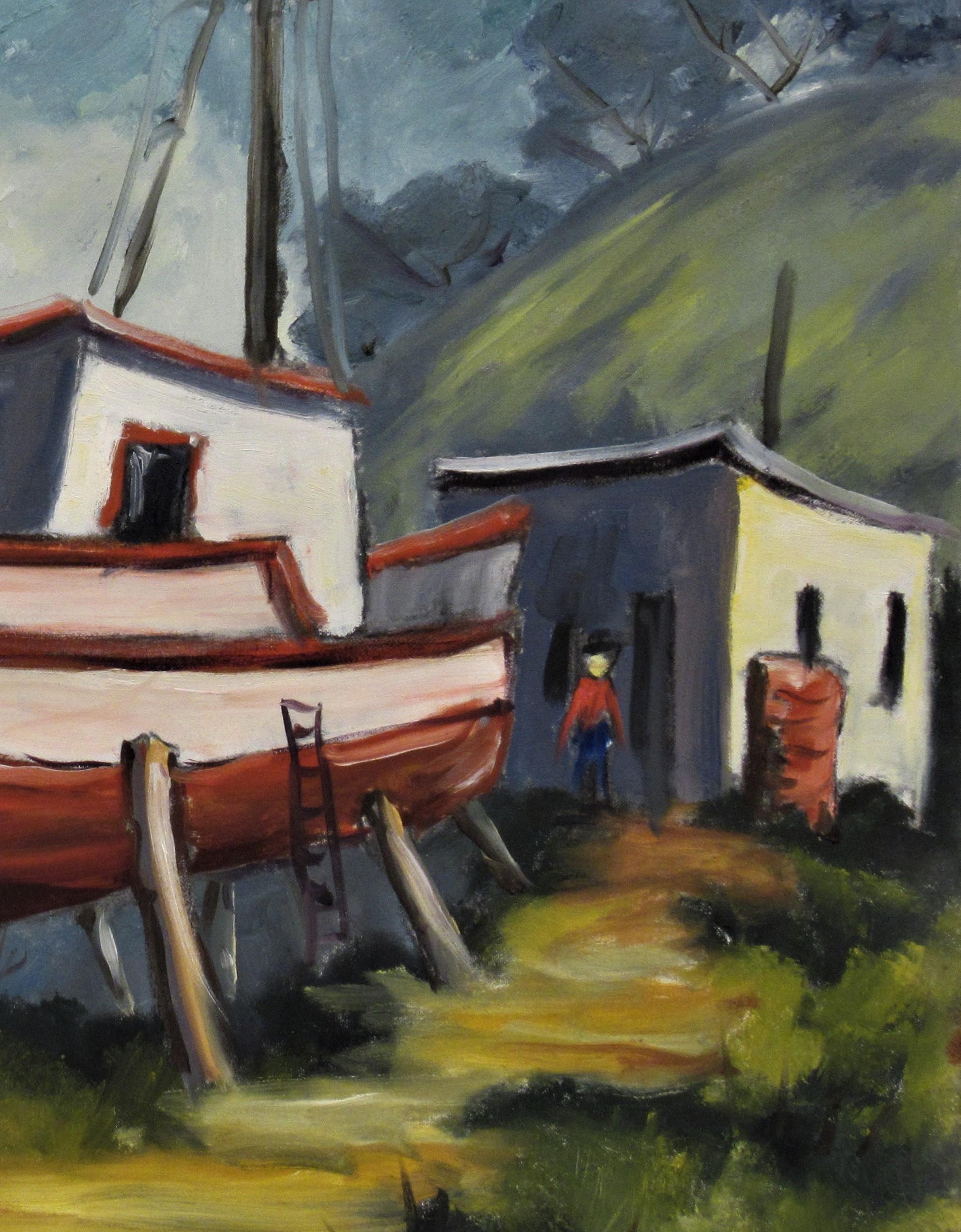 Paysage avec bateaux - Impressionnisme américain Painting par Clifford Holmes