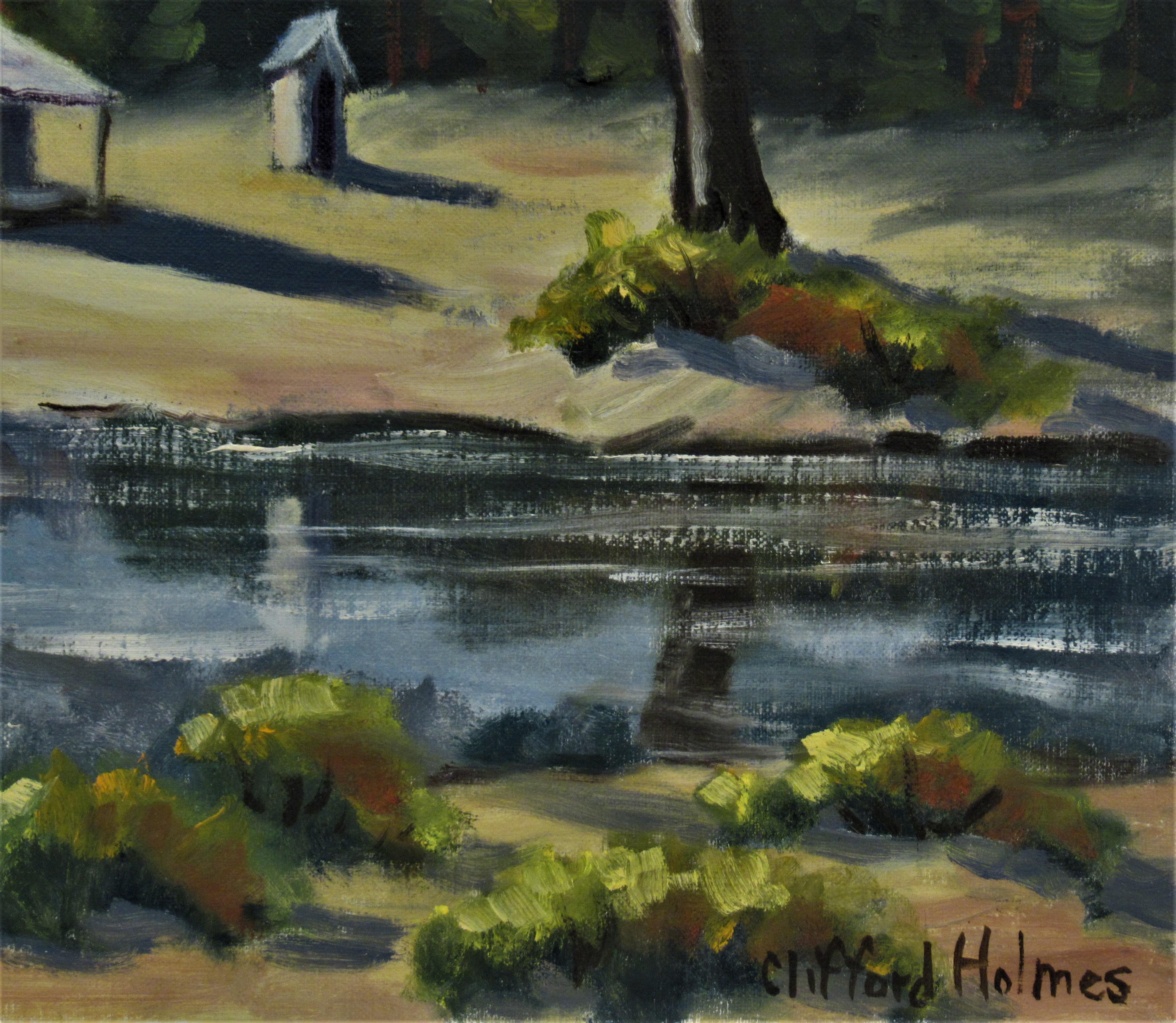 Paysage avec maison, Californie - Noir Landscape Painting par Clifford Holmes