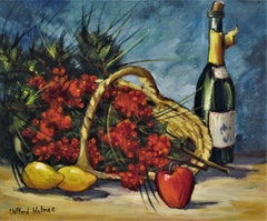 Natura morta con bottiglia, fiori e frutta