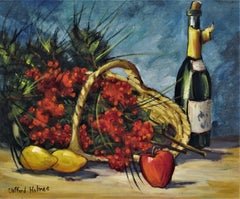 Nature morte avec bouteille, fleurs et fruits