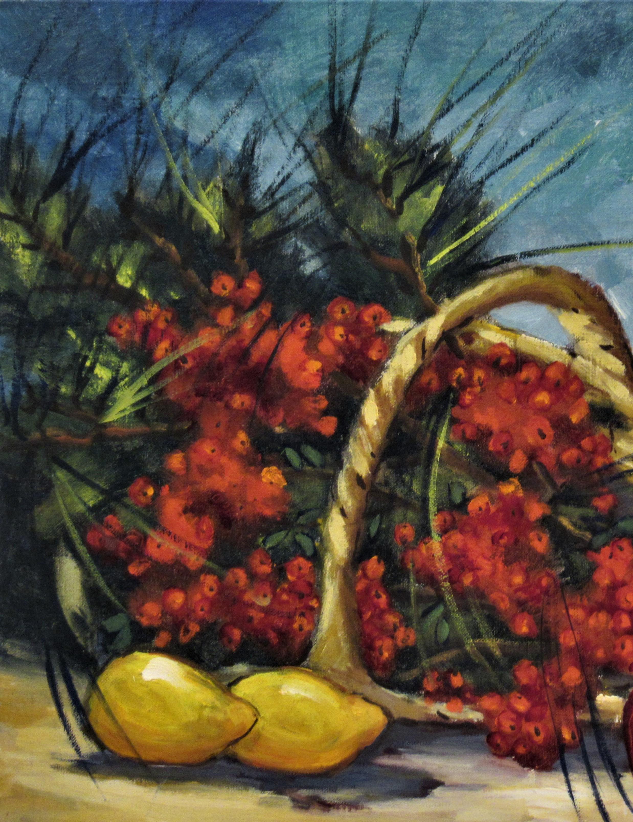 Natura morta con bottiglia, fiori e frutta - Painting di Clifford Holmes