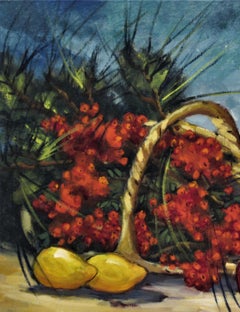 Stillleben mit Flasche, Blumen und Früchten