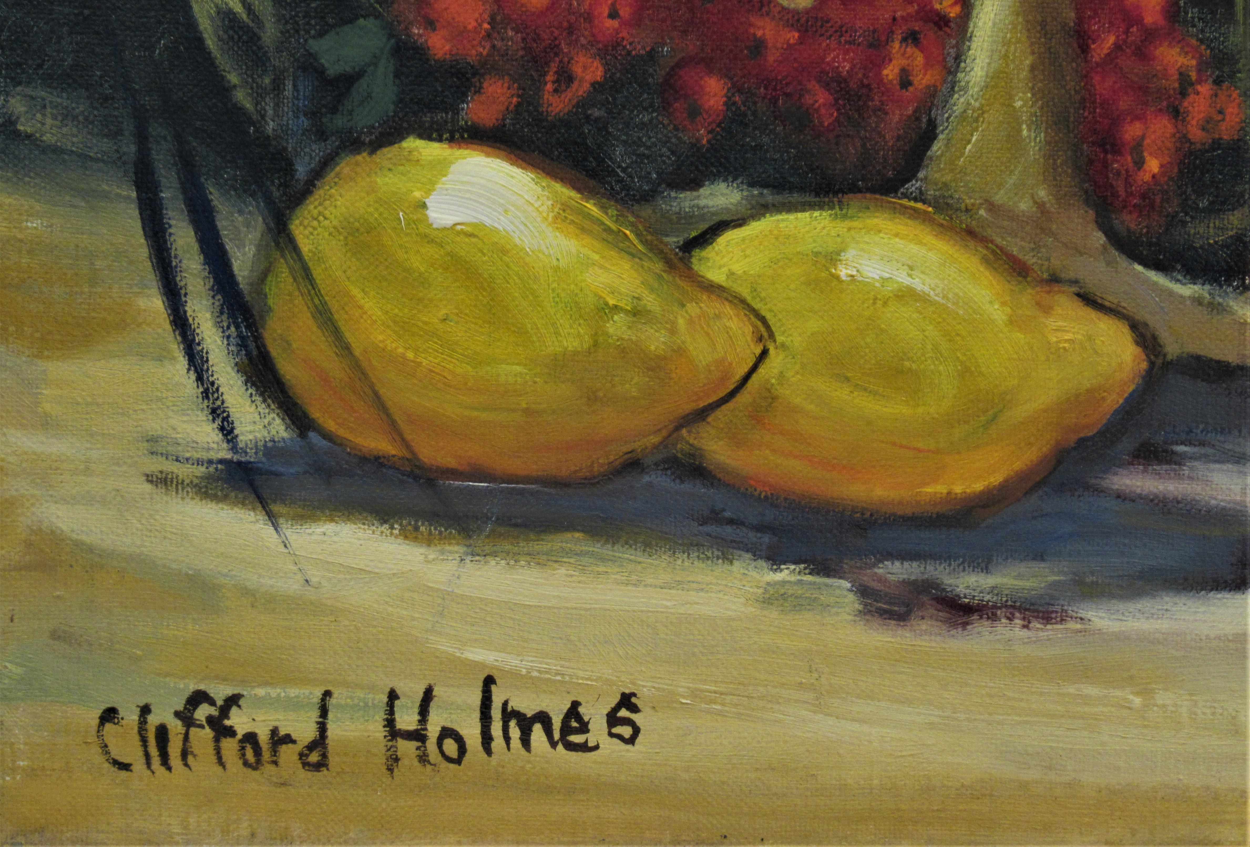 Natura morta con bottiglia, fiori e frutta - Still-Life Painting Nero di Clifford Holmes
